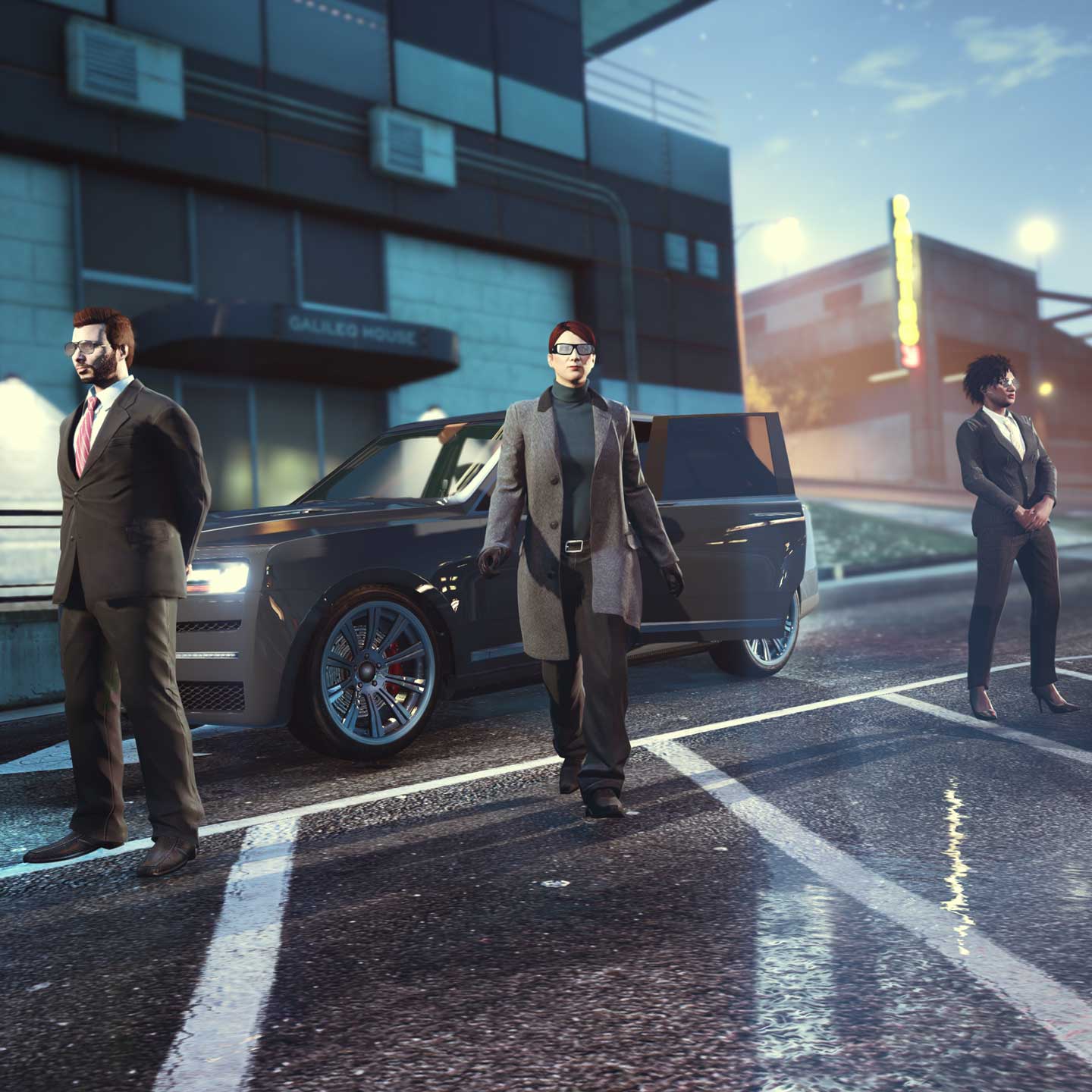 Associate / Bodyguard Screenshot of three Bodyguards in GTA Online.
