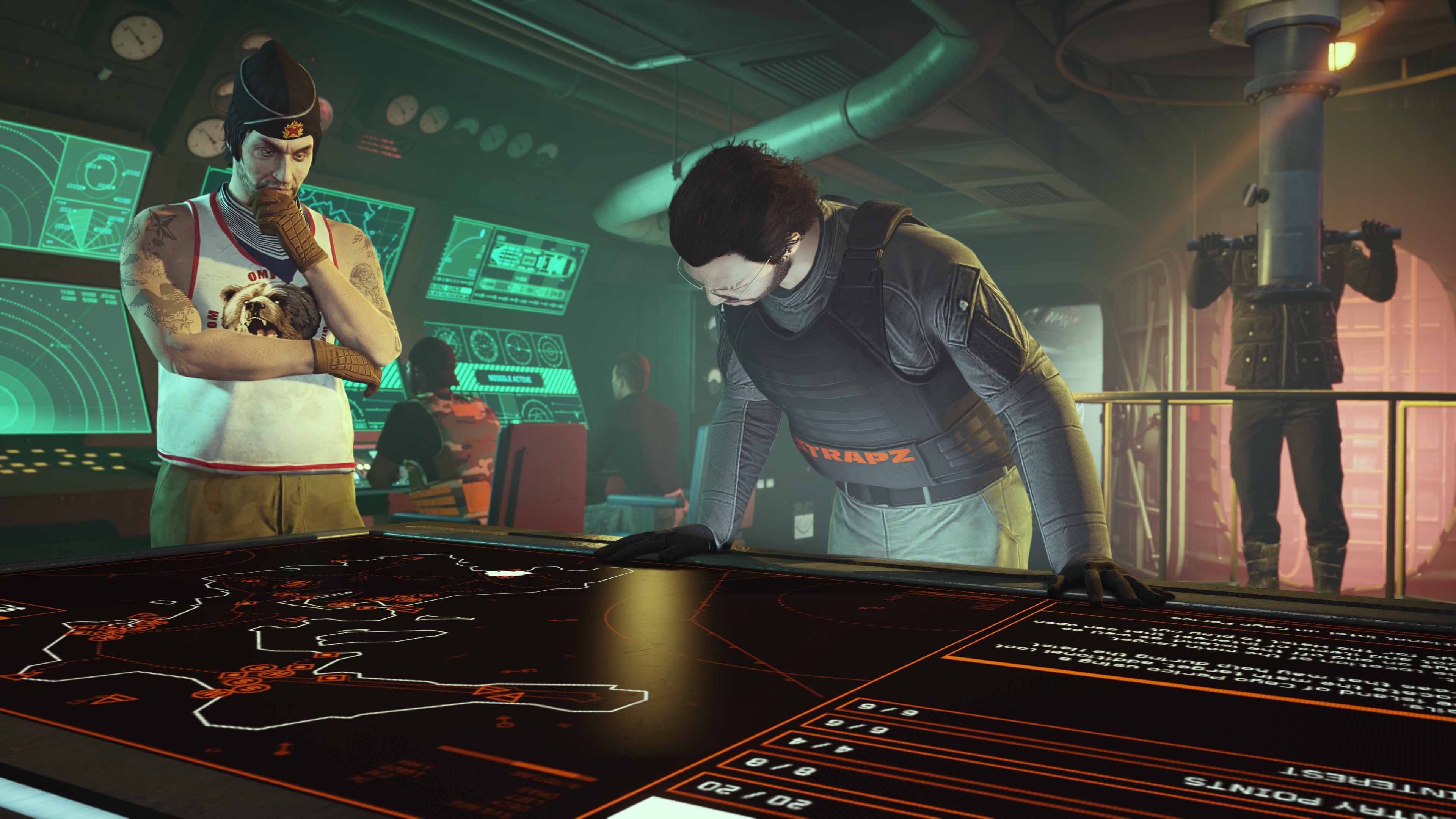 The Cayo Perico Heist Screenshot of Pavel and A GTA Online character checking the Planning Screen during The Cayo Perico Heist.