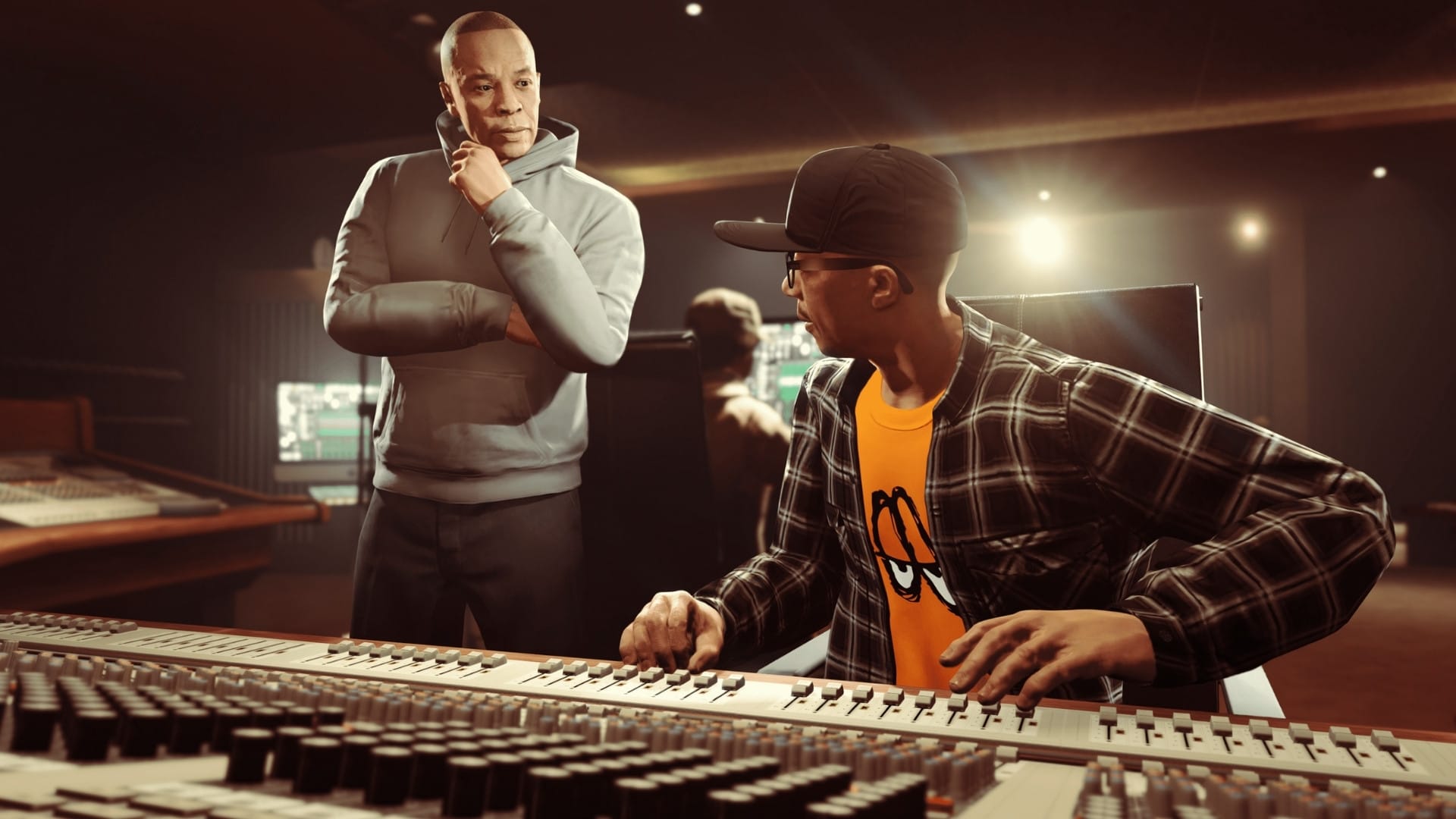 Screenshot of Dr. Dre and DJ Pooh in the Record A Studios.
