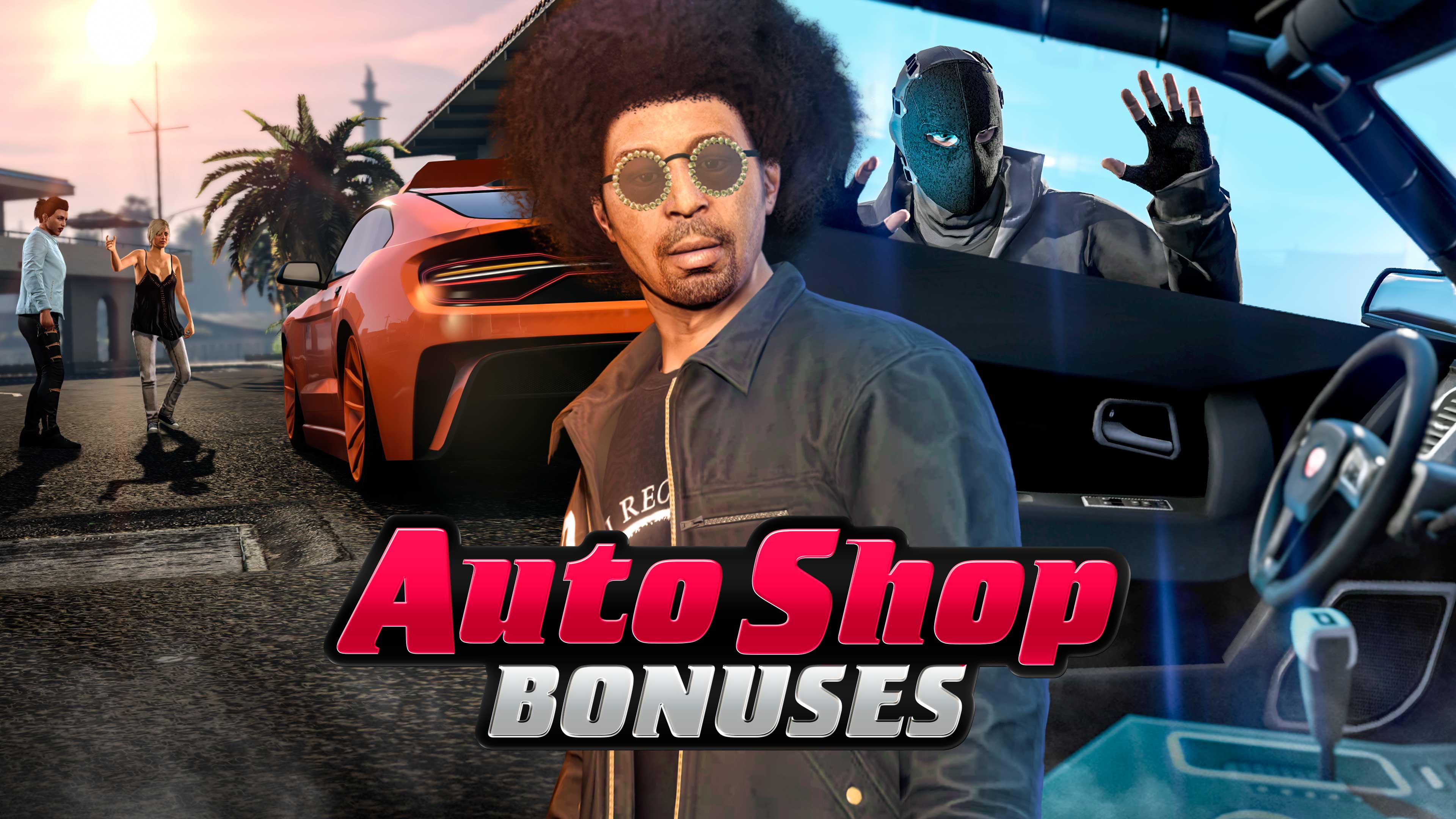 Promotional poster for Auto Shop Bonuses in GTA Online.