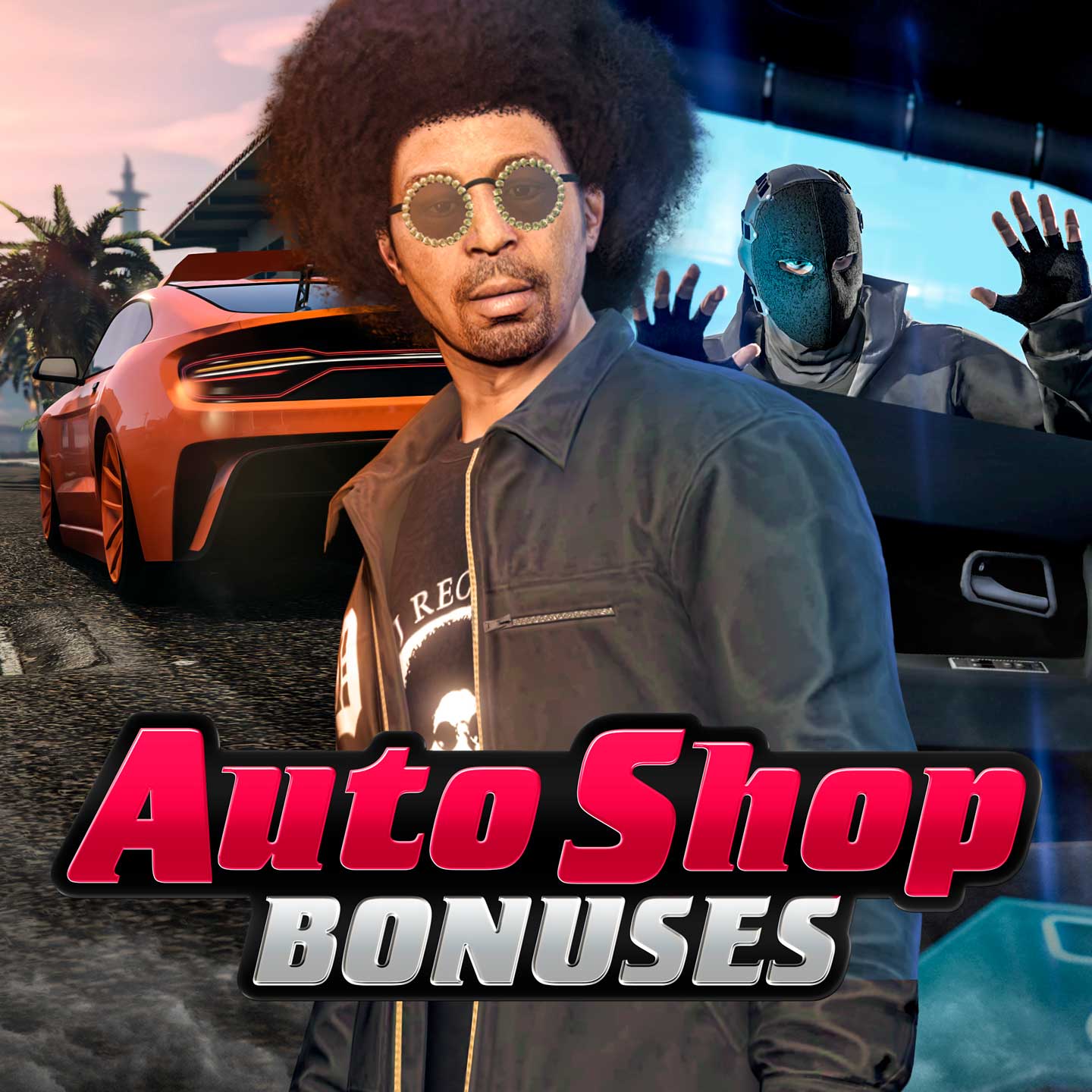 Promotional poster for Auto Shop Bonuses in GTA Online.