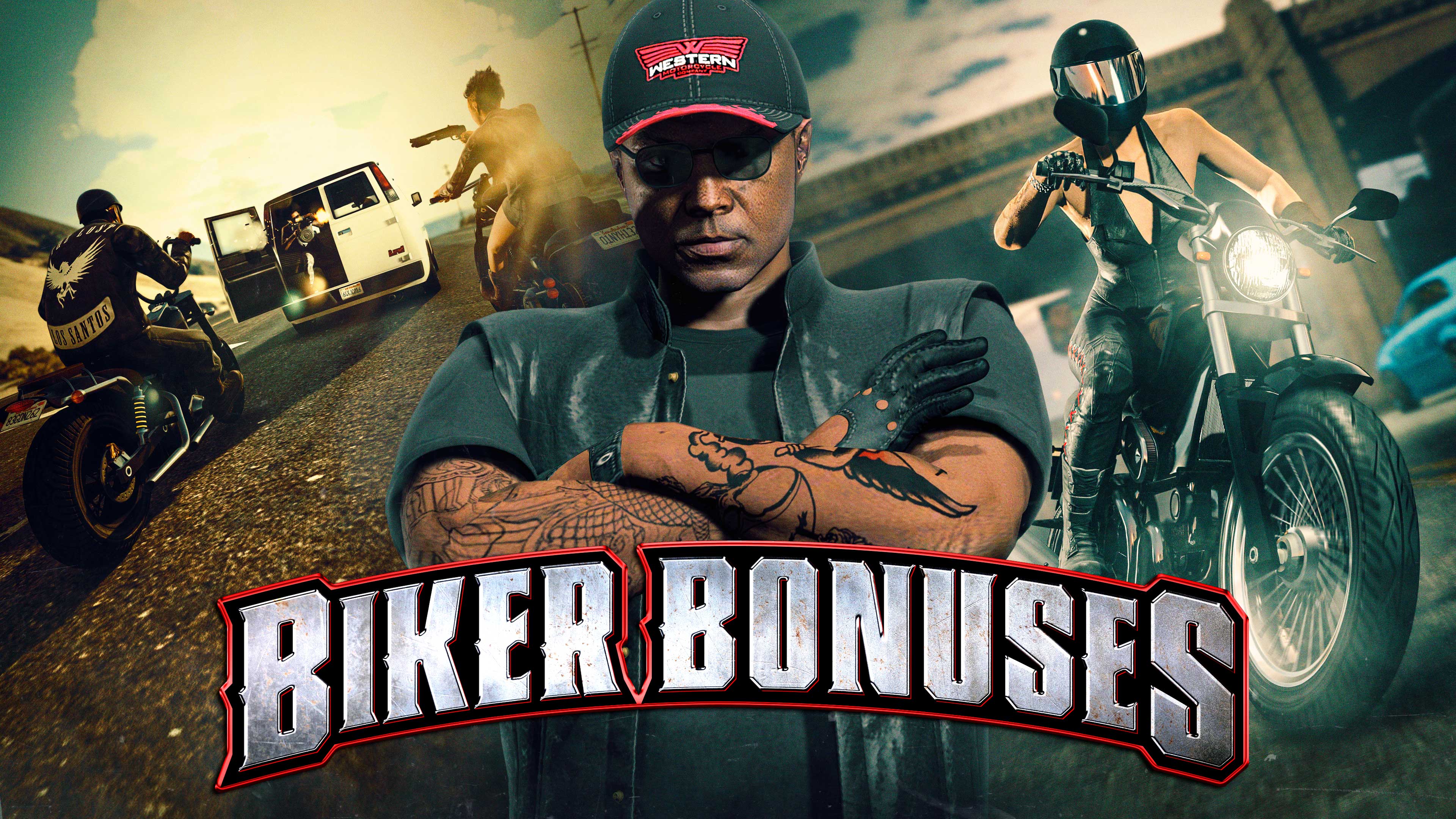 Promotional poster for Biker Bonuses in GTA Online.