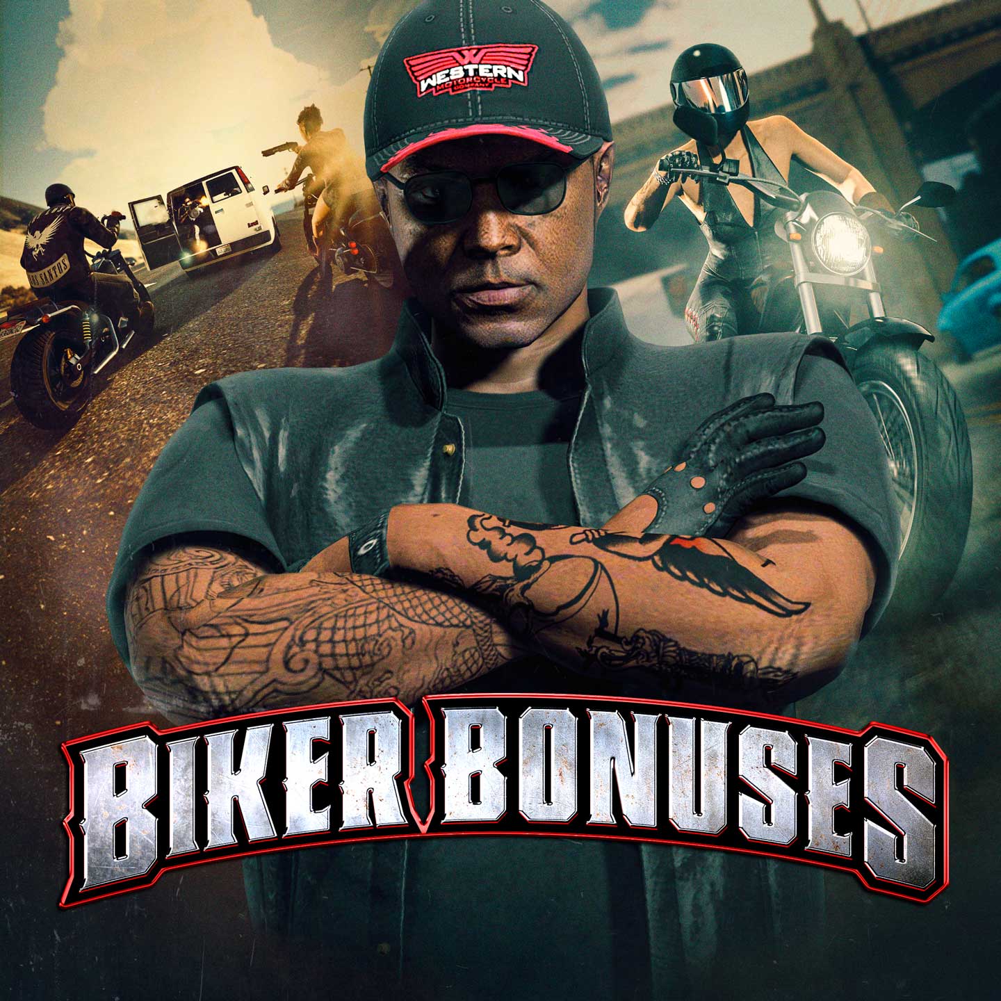 Promotional poster for Biker Bonuses in GTA Online.