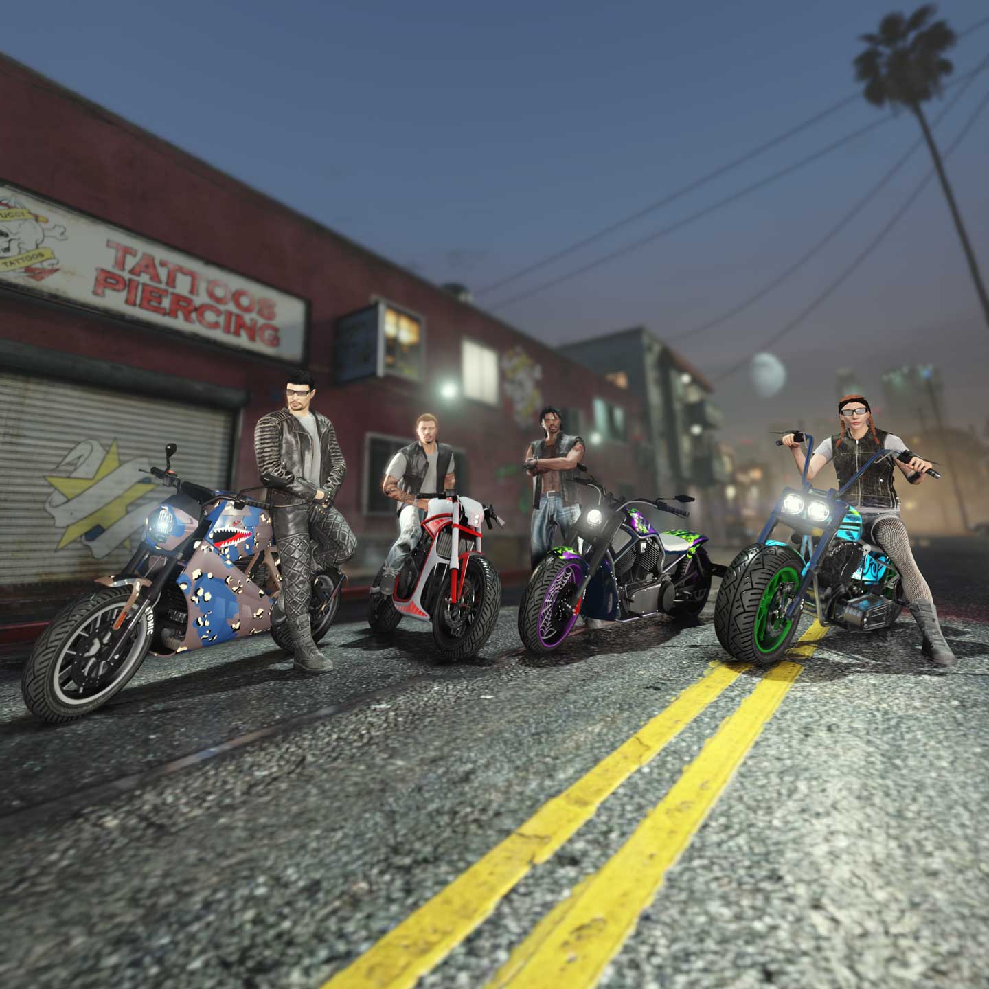 Screenshot of four GTA Online characters with Biker vehicles in GTA Online.