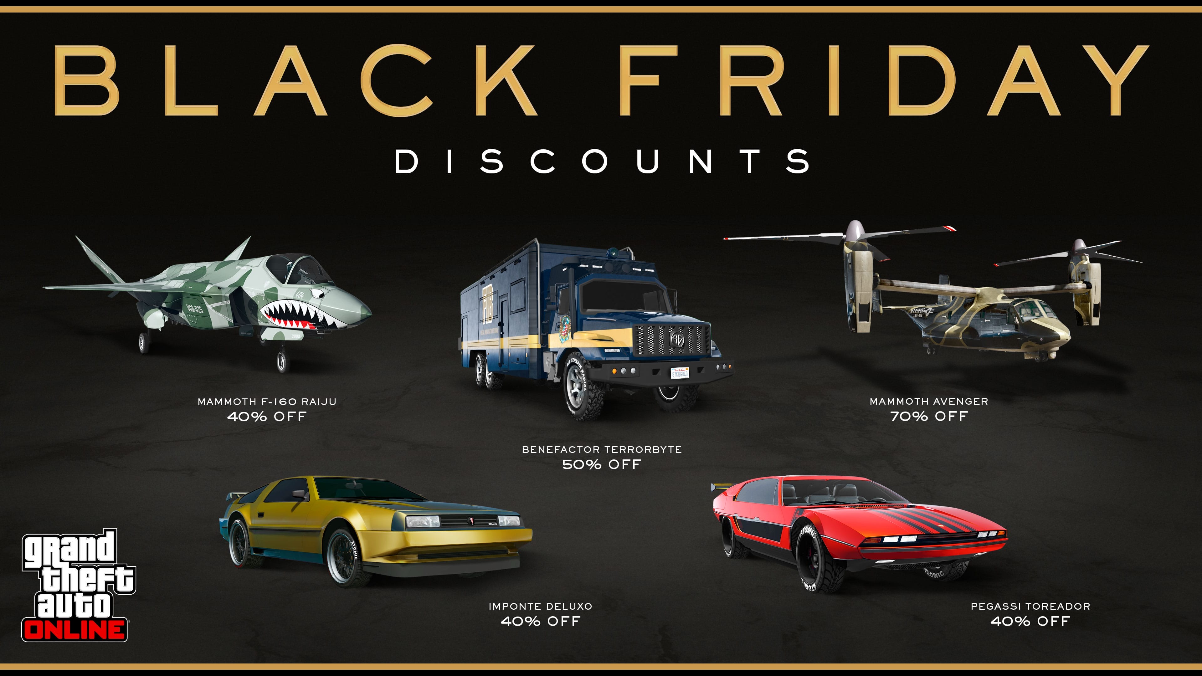 Promotional poster for Black Friday Discounts in GTA Online.