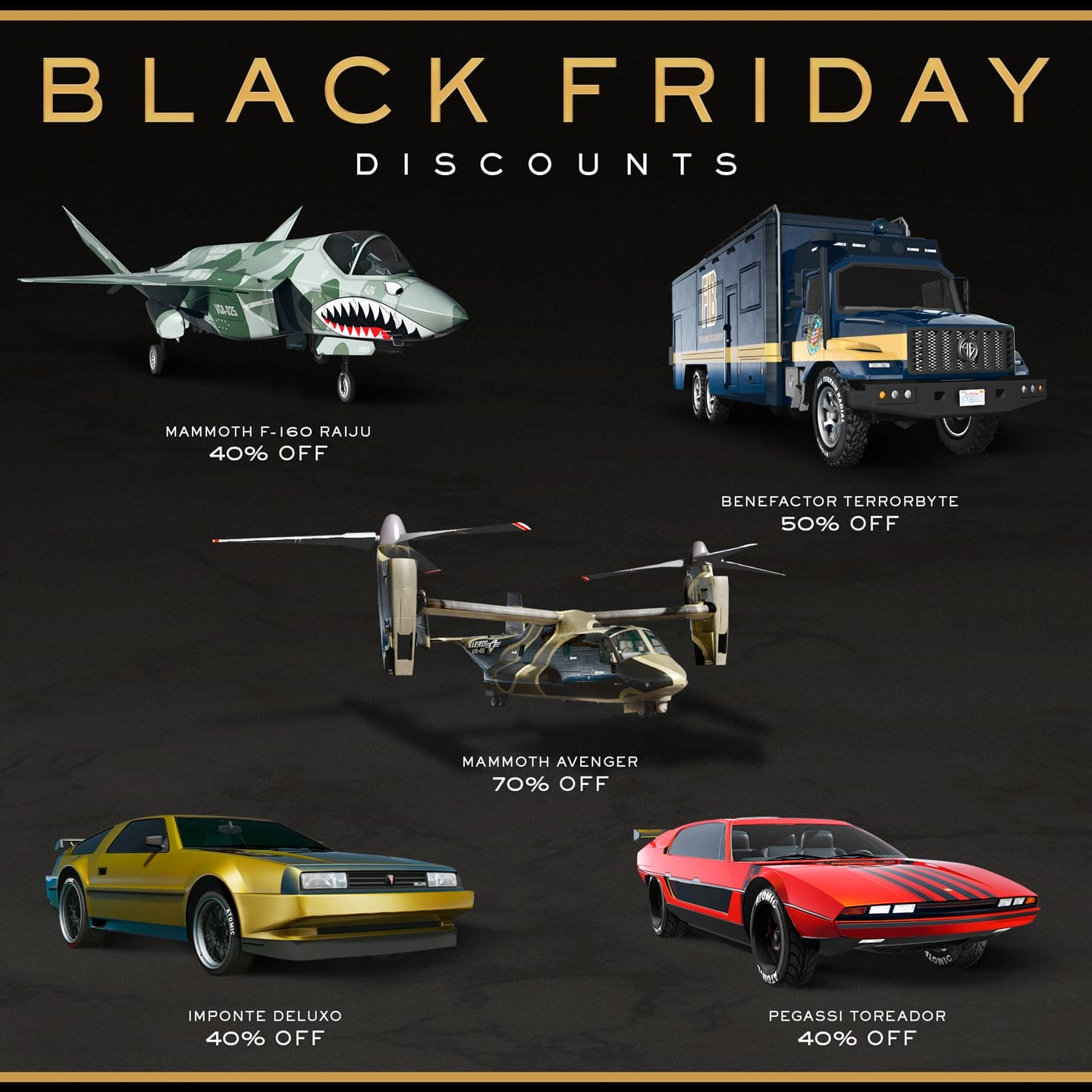 Promotional poster for Black Friday Discounts in GTA Online.