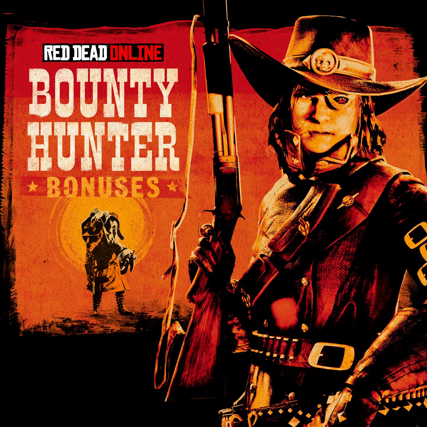 Promotional poster for Bounty Hunter Bonuses in Red Dead Online.