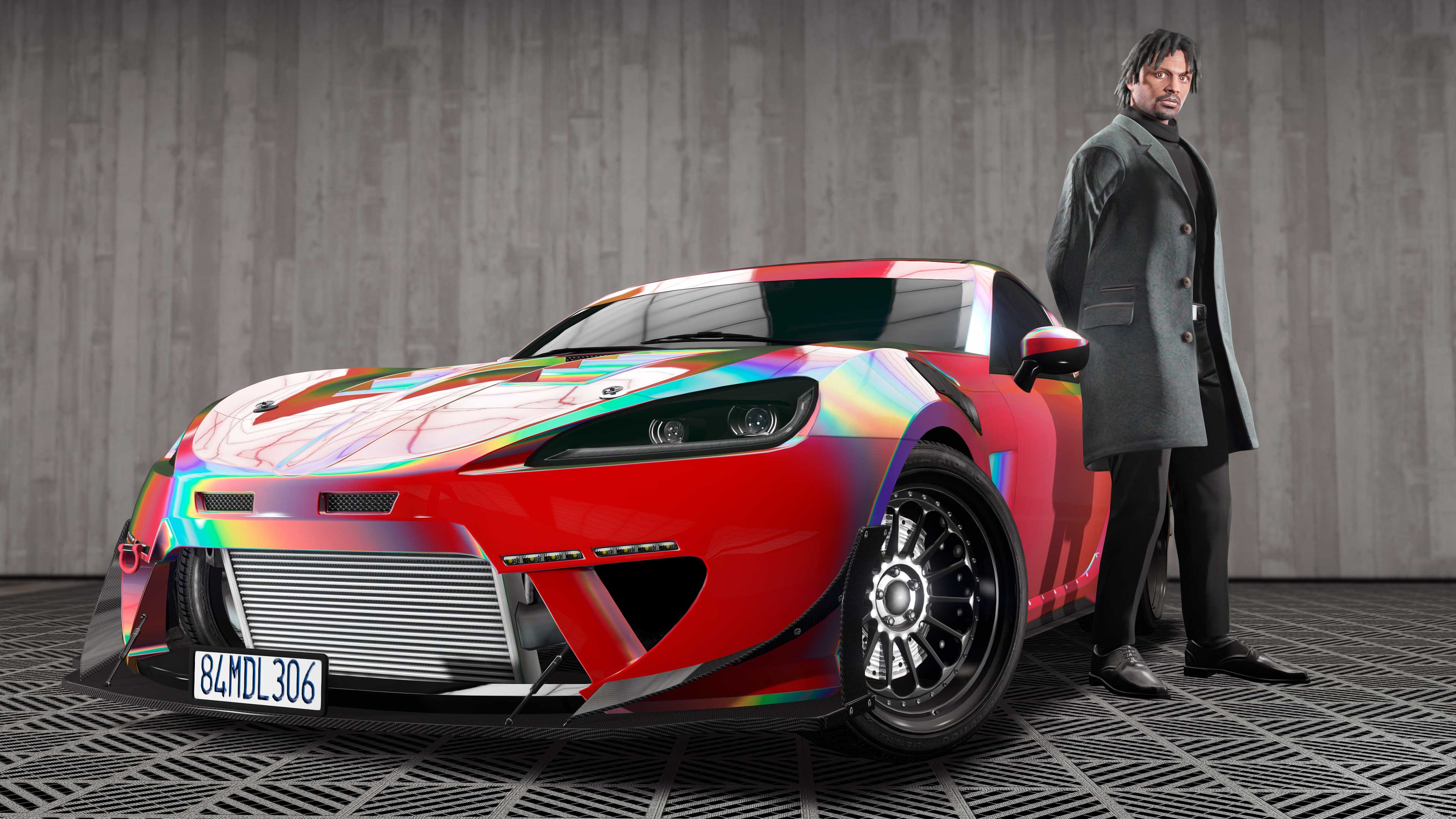 Chameleon Paint Screenshot of a chameleon painted vehicle with a gta online character in the agency garage