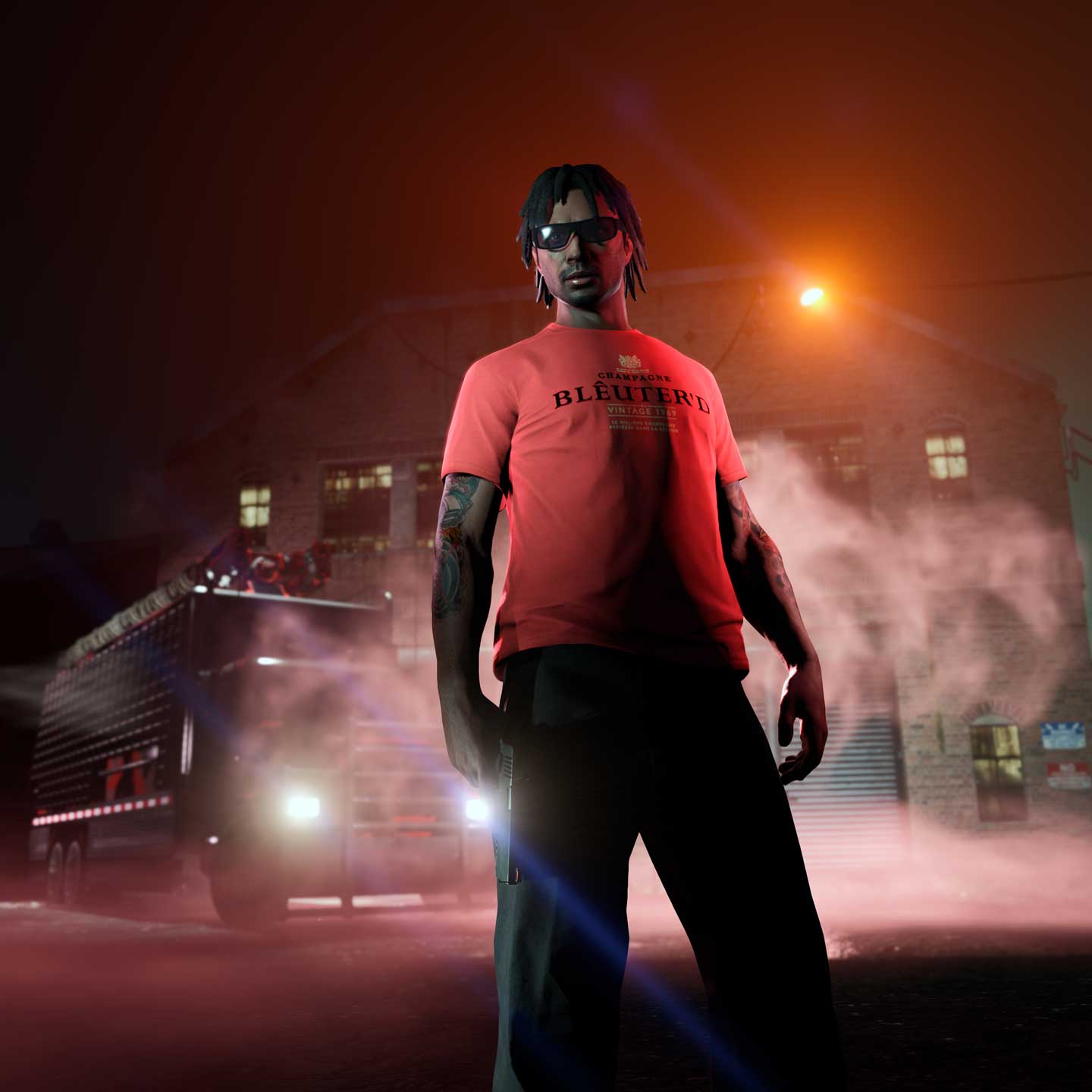 Screenshot of a GTA Online character wearing a Blêuter'd Tee.