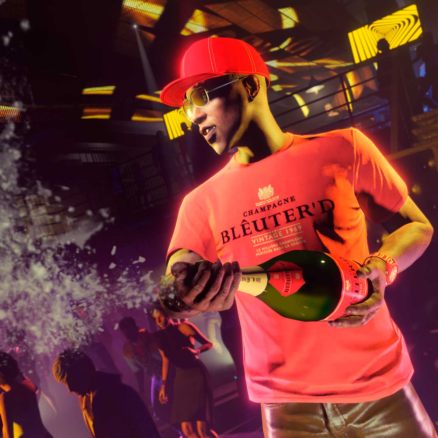 Screenshot of a GTA Online character holding a champagne with a Blêuter'd Tee.