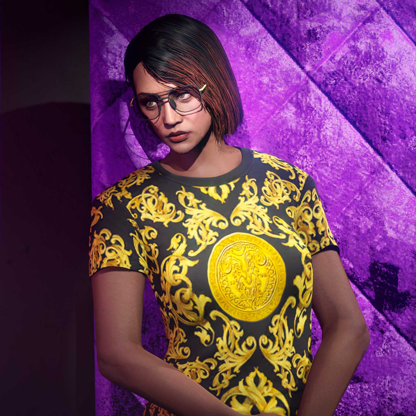 Black SC Ornate Tee Screenshot of a GTA Online character wearing a Black SC Ornate Tee.