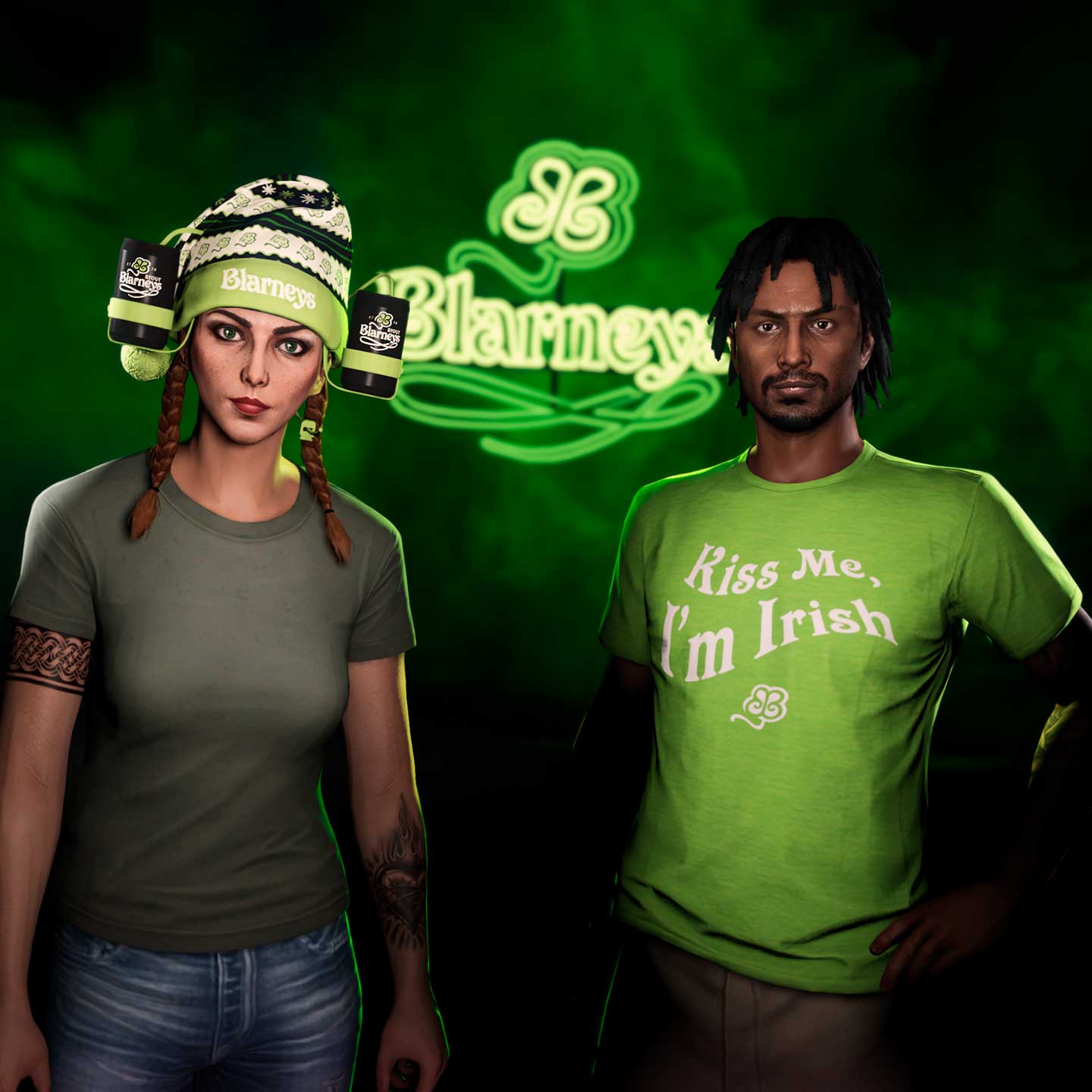Blarneys Festive Beer Hat & Blarneys Stout Tee Screenshot of two GTA Online characters wearing the Blarneys Festive Beer Hat and Blarneys Stout Tee.