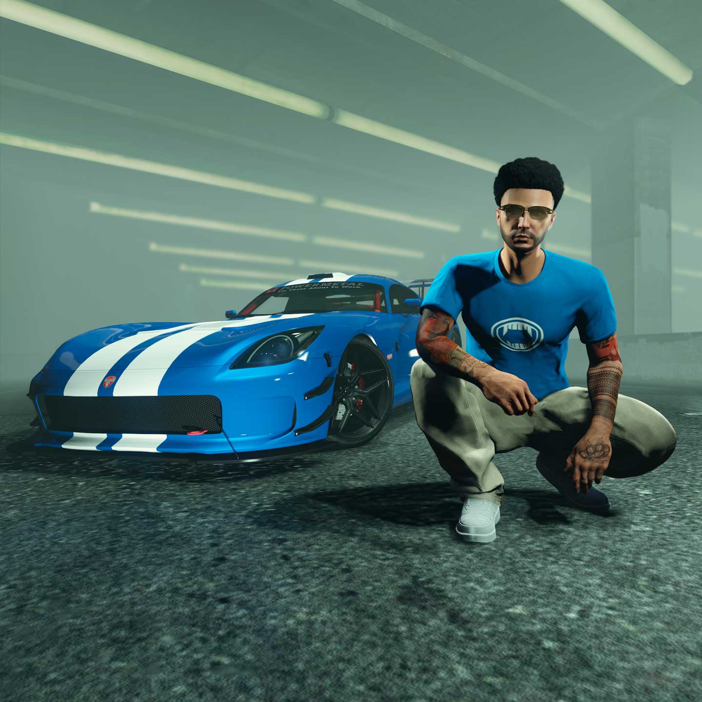 Screenshot of a GTA Online character wearing the Blue Banshee Tee.