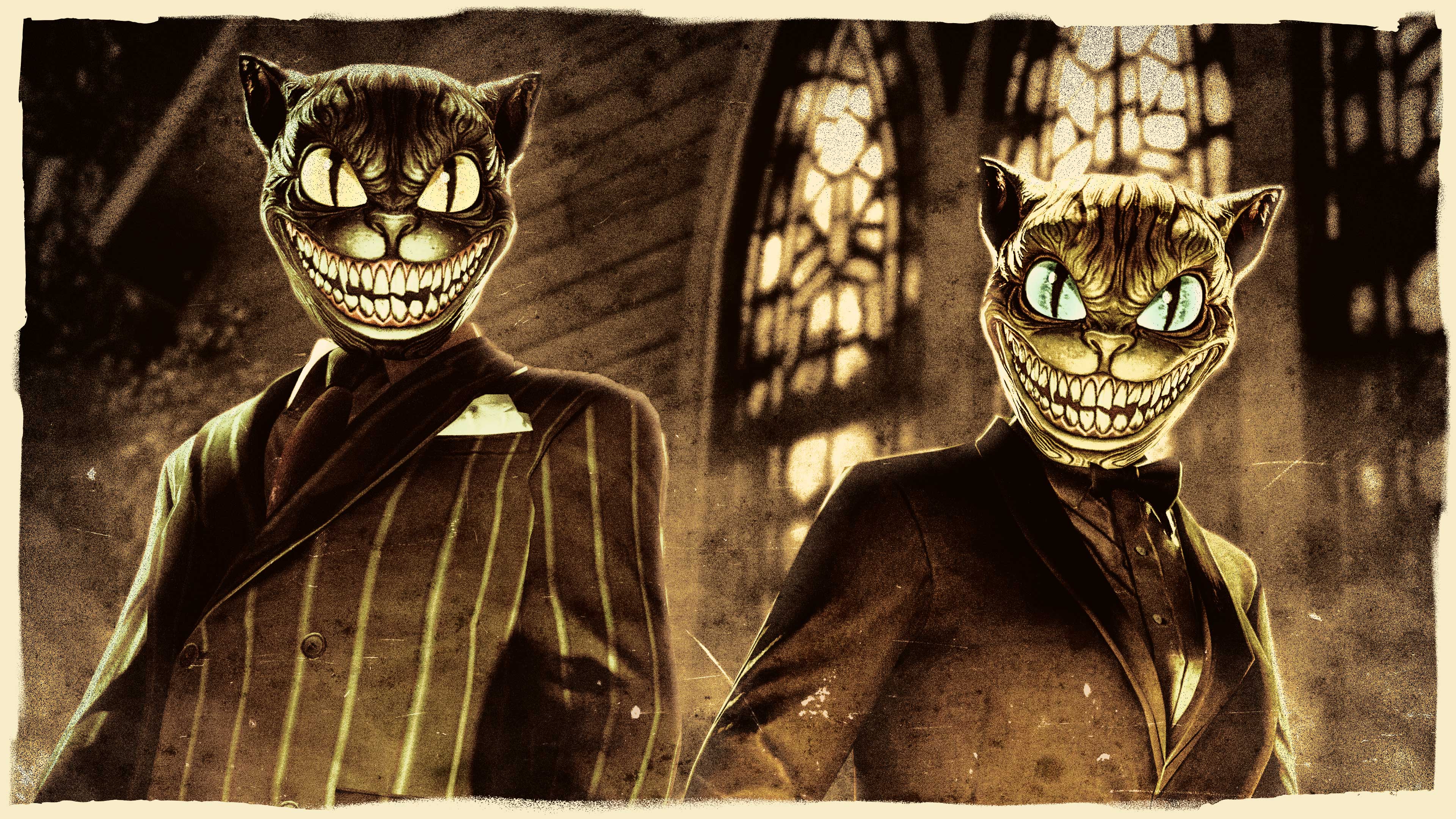 Screenshot of two GTA Online characters wearing Brown & Black Creepy Cat Masks.