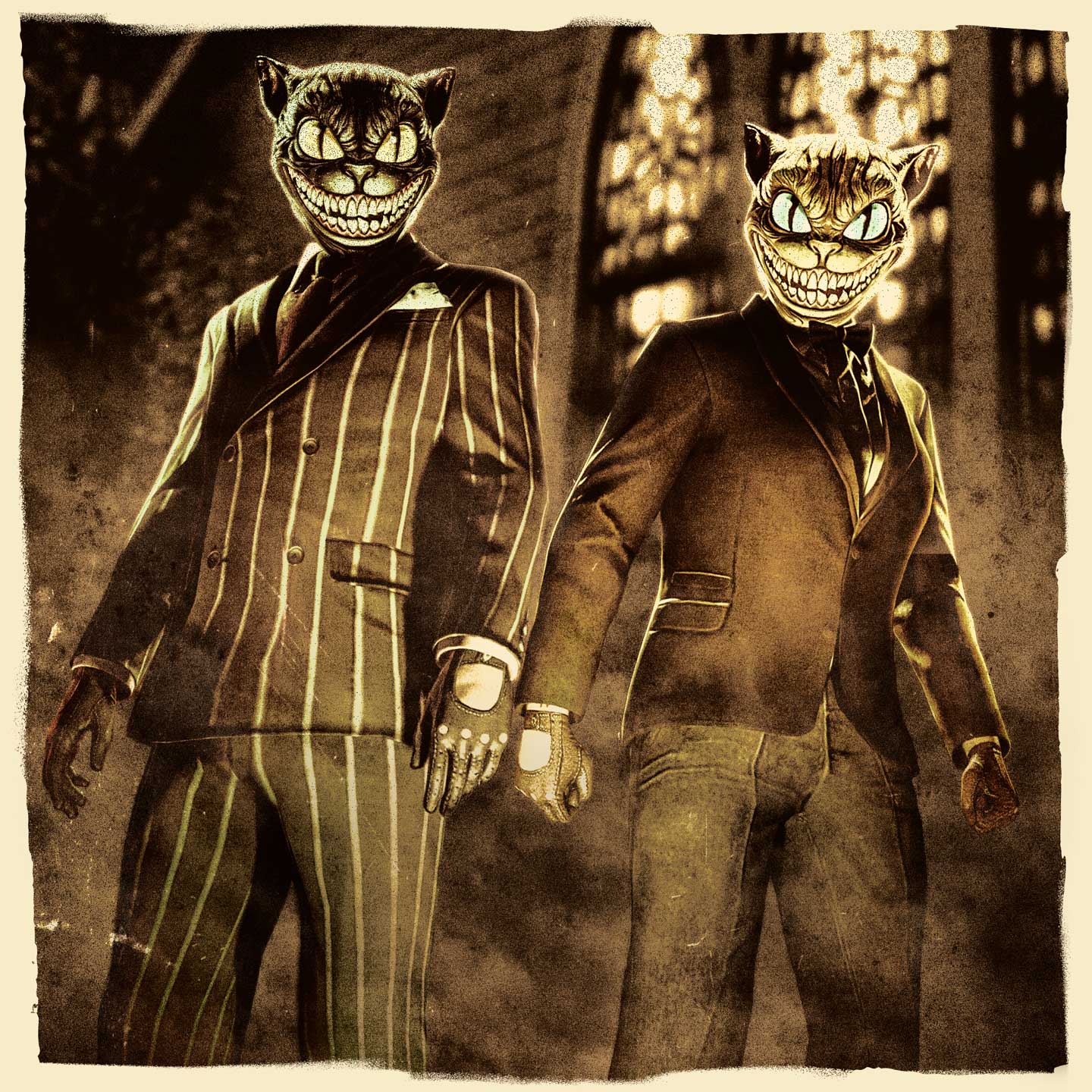 Screenshot of two GTA Online characters wearing Brown & Black Creepy Cat Masks.