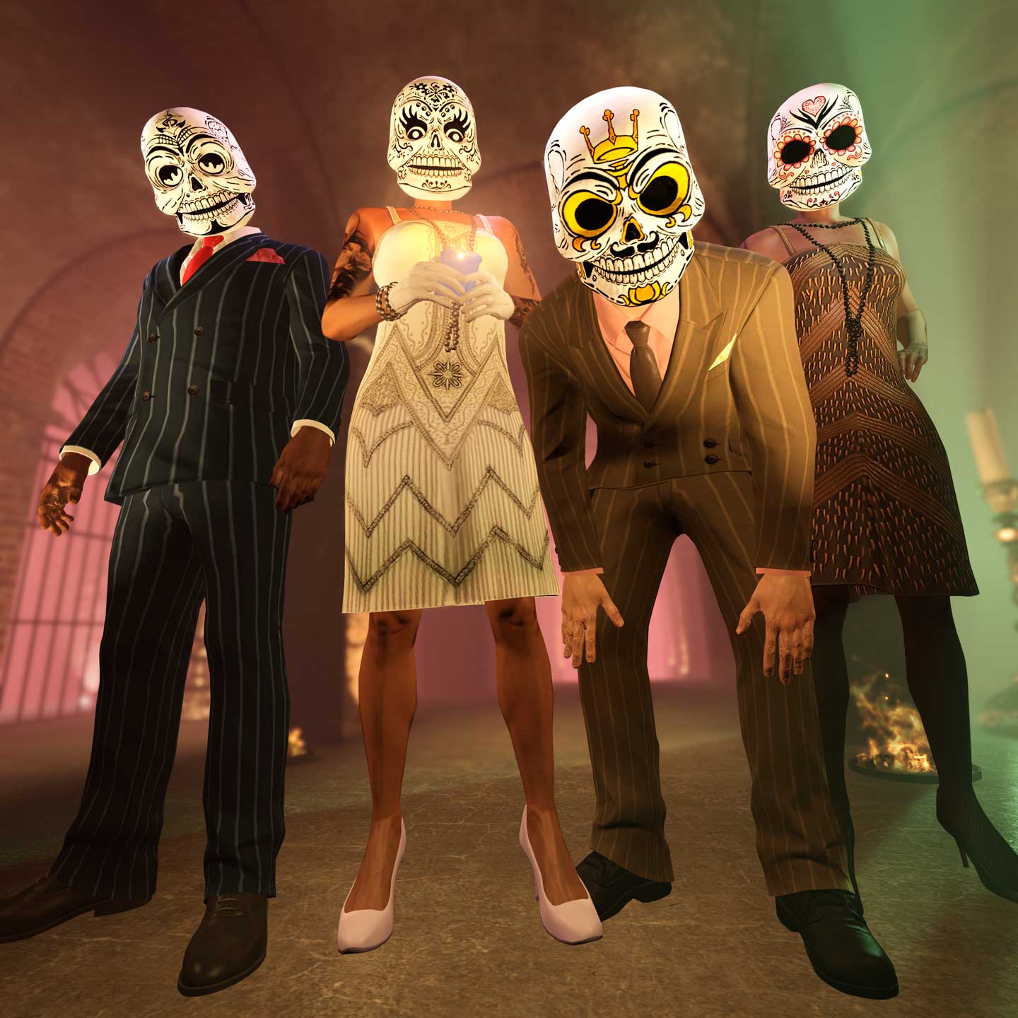 Screenshot of four GTA Online characters wearing Romance, Floral, Maritime and Royal Calaca Masks.