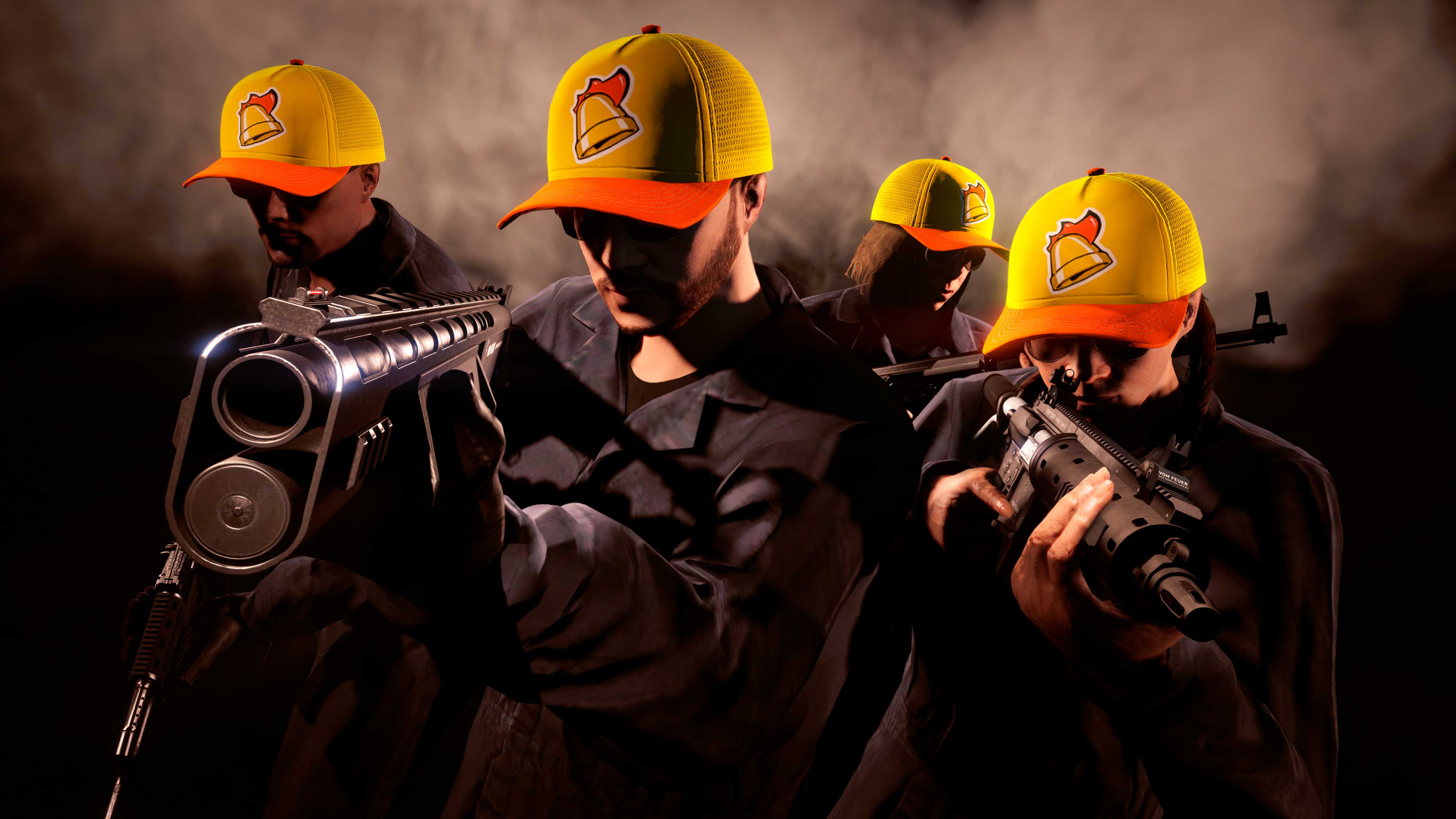 Screenshot of four GTA Online characters wearing Yellow Cluckin' Bell Caps.