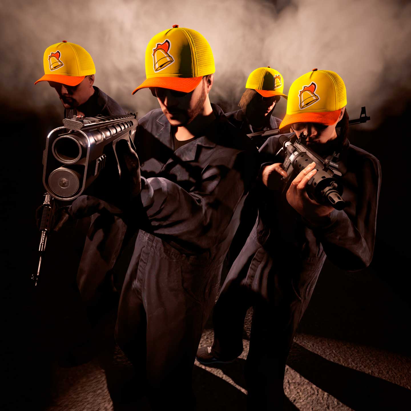 Screenshot of four GTA Online characters wearing Yellow Cluckin' Bell Caps.