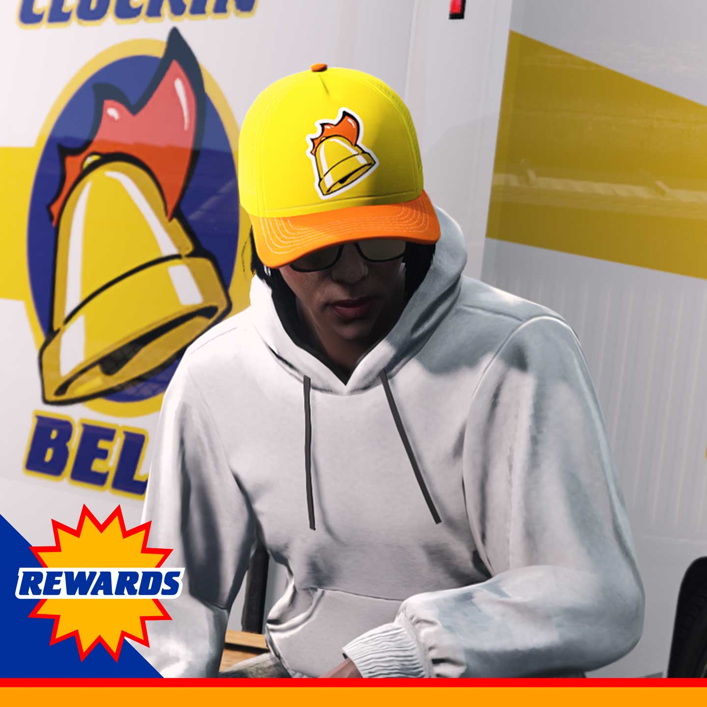 Cluckin’ Bell Cap Screenshot of a GTA Online character wearing a Yellow Cluckin' Bell Cap.