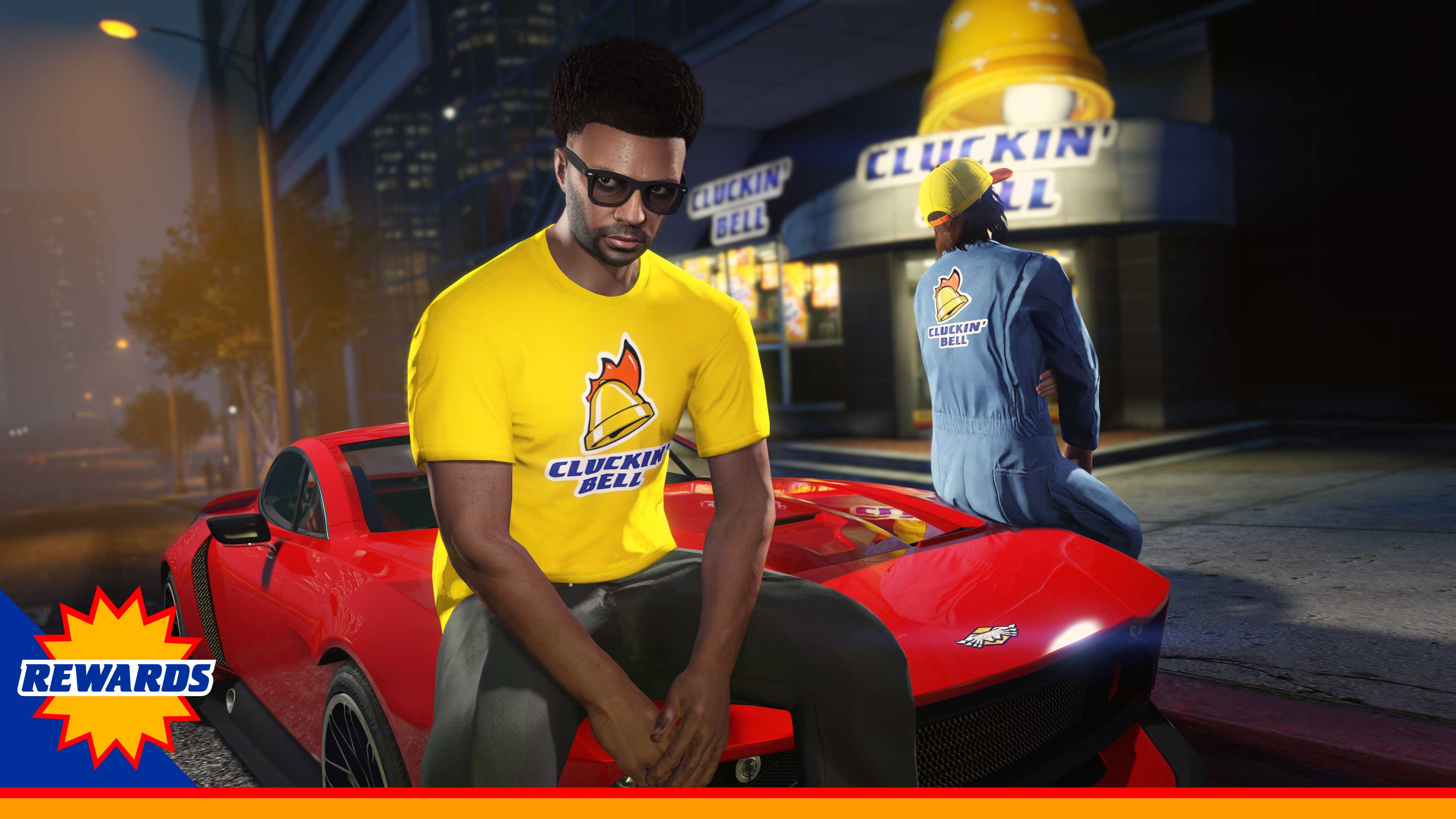 Cluckin’ Bell Tee & Outfit Screenshot of two GTA Online characters wearing a Yellow Cluckin' Bell Tee and a Blue Cluckin' Bell Outfit.