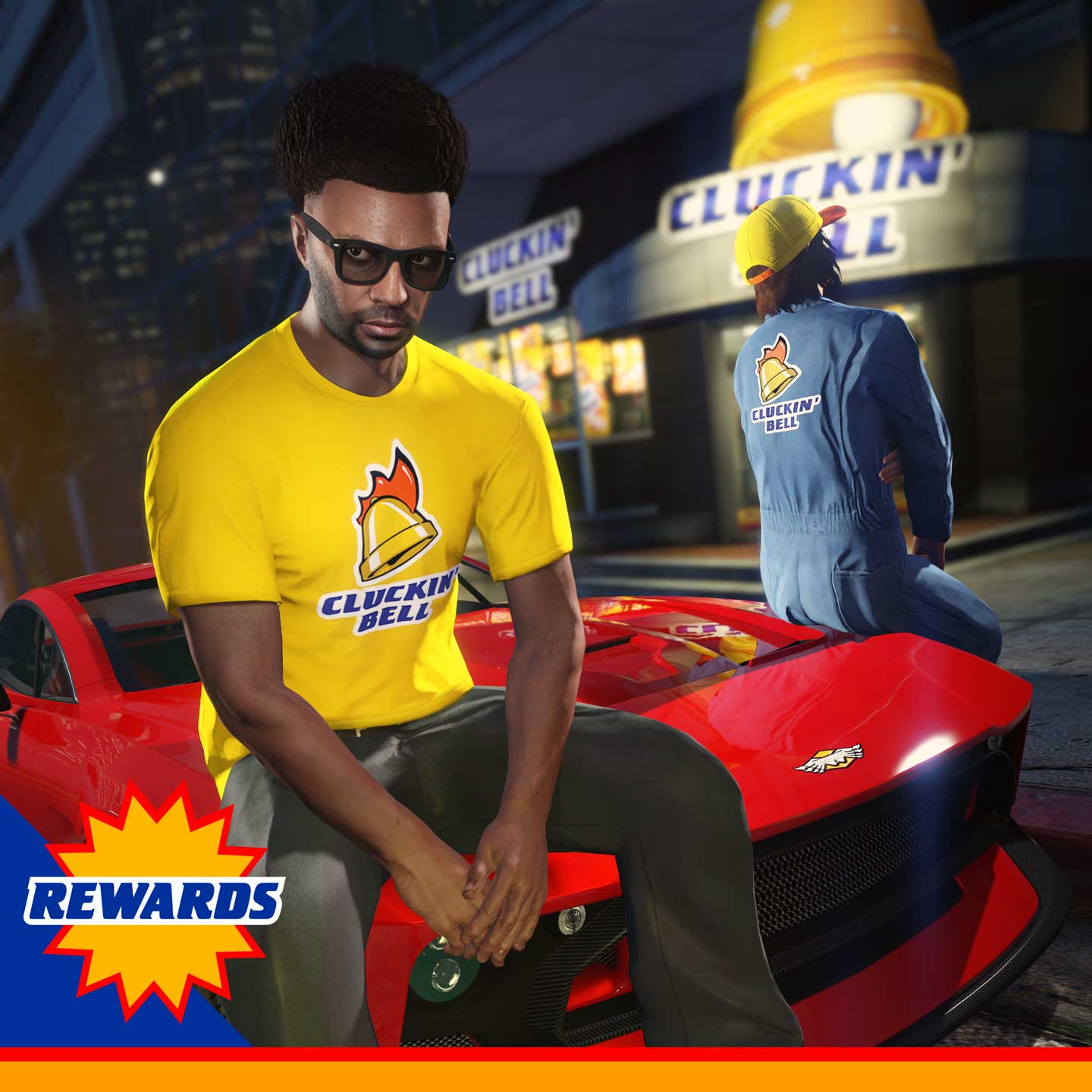 Cluckin’ Bell Tee & Outfit Screenshot of two GTA Online characters wearing a Yellow Cluckin' Bell Tee and a Blue Cluckin' Bell Outfit.
