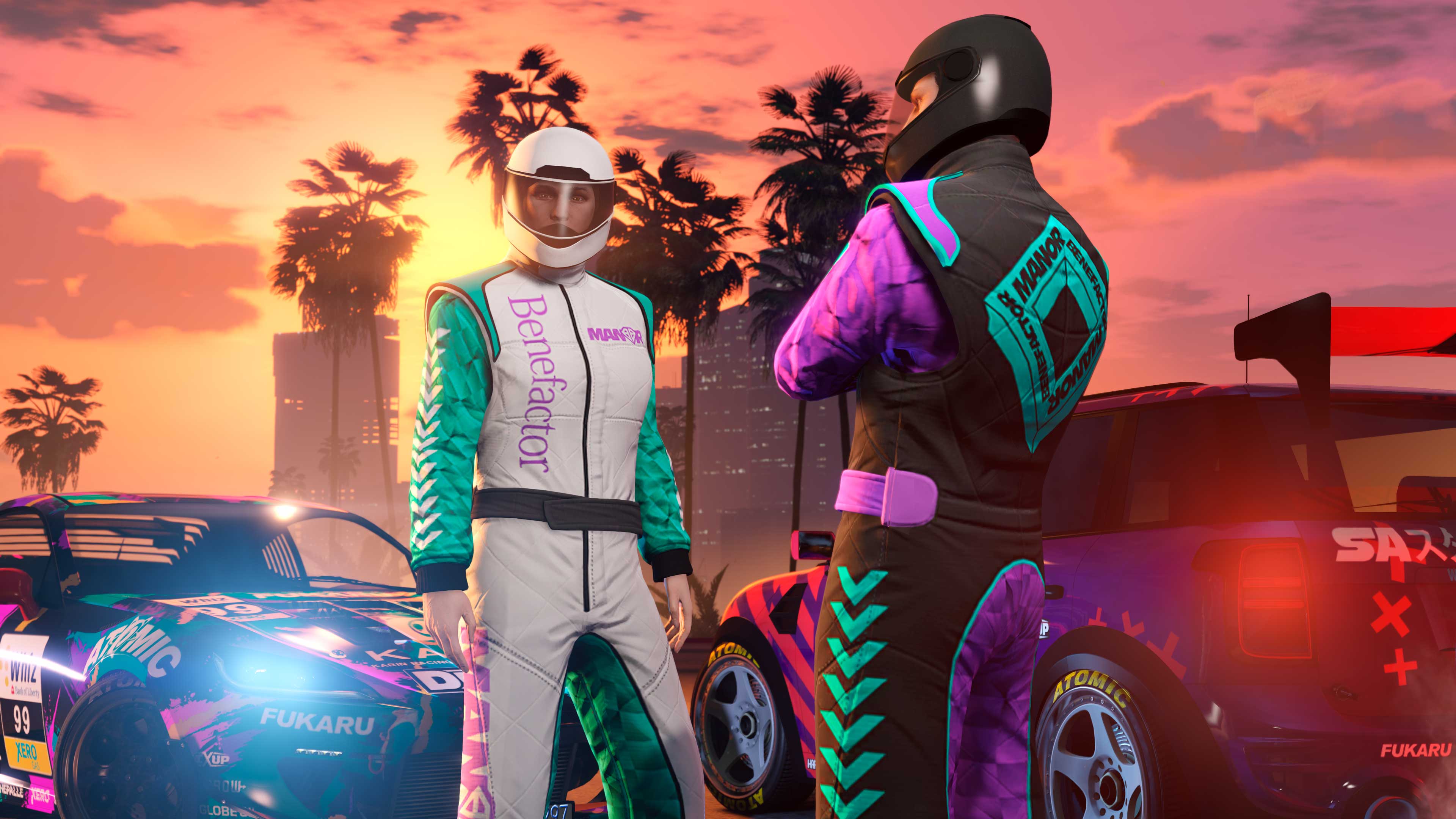 Screenshot of two GTA Online characters wearing Dark and Bright Manor Racing Suits.