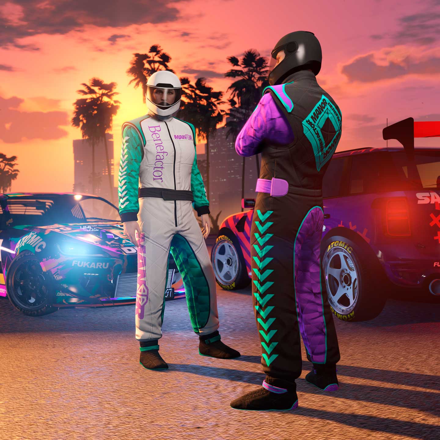 Screenshot of two GTA Online characters wearing Dark and Bright Manor Racing Suits.