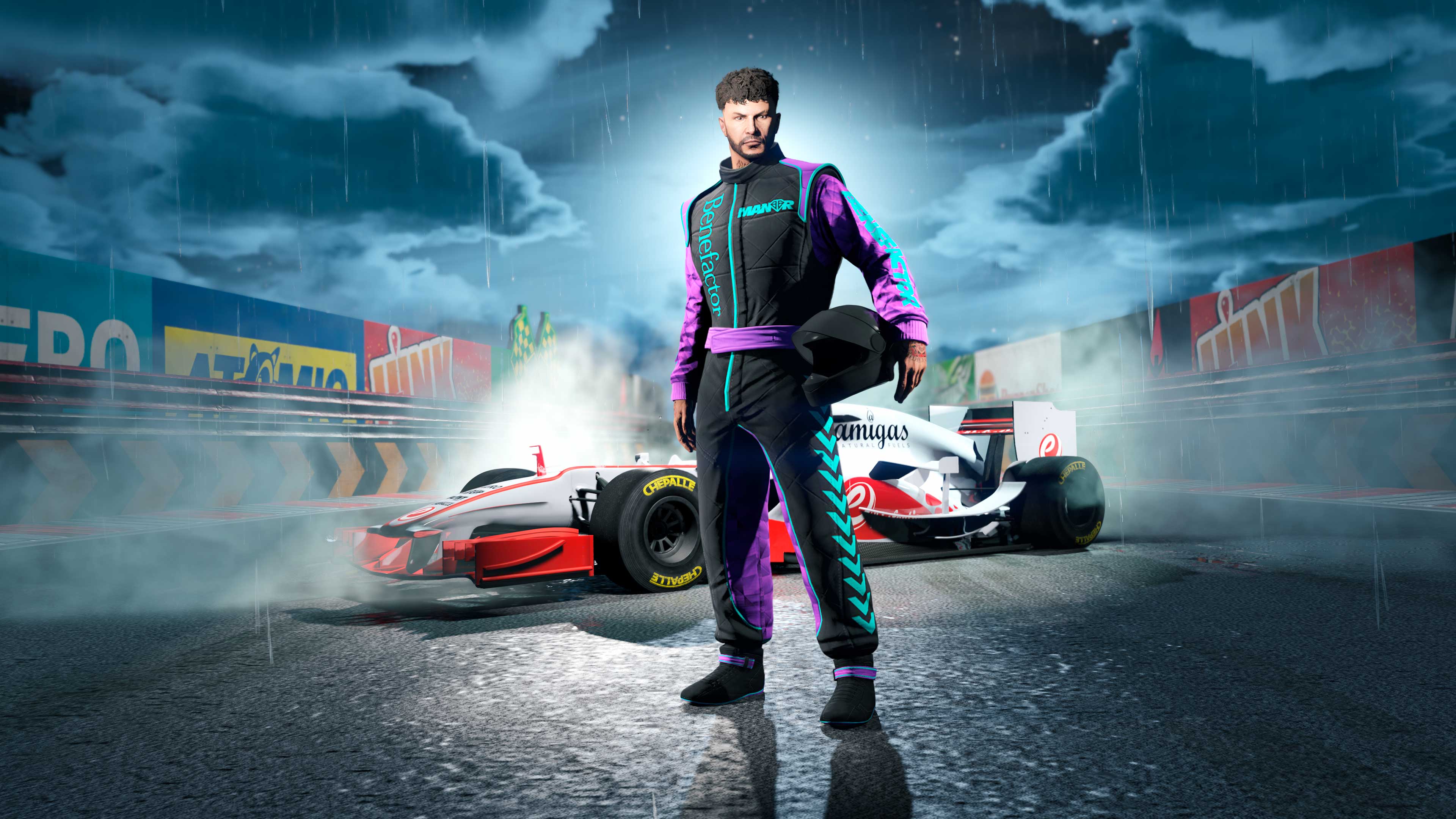 Screenshot of a GTA Online character wearing Dark Manor Racing Suit.