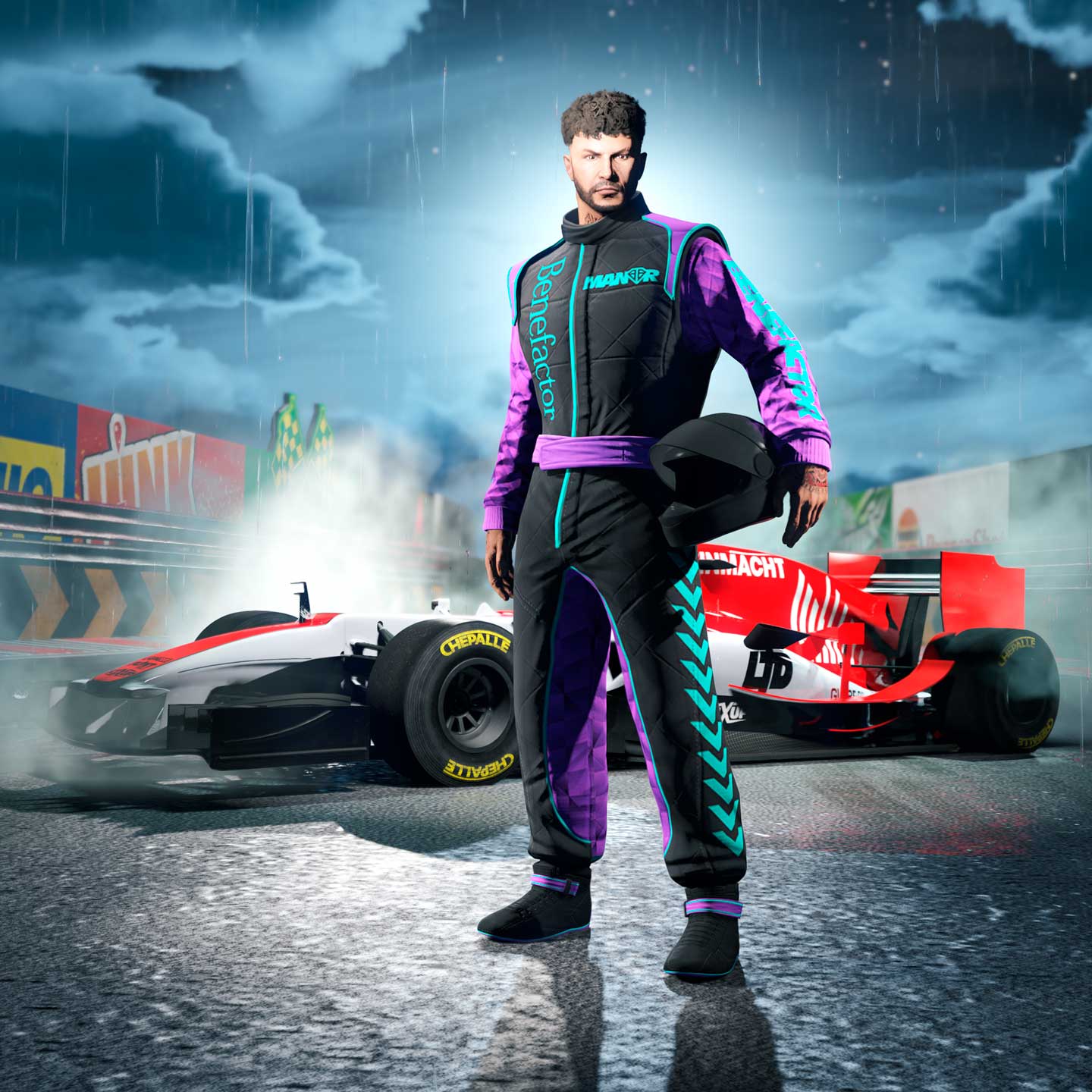 Screenshot of a GTA Online character wearing Dark Manor Racing Suit.