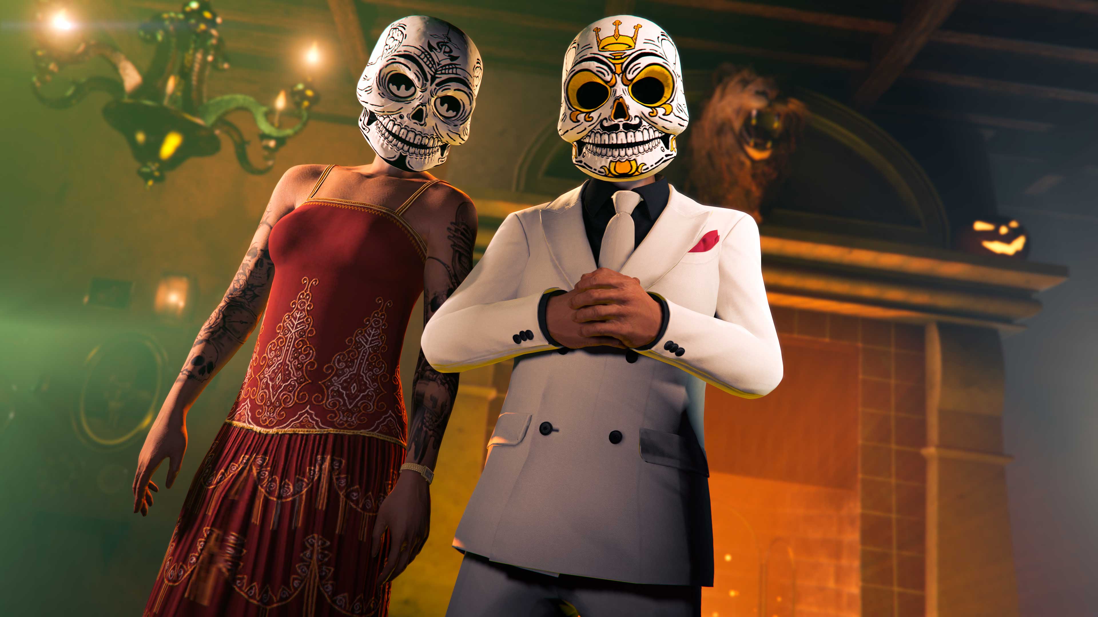 Screenshot of two GTA Online characters wearing Royal & Maritime Calaca Masks.