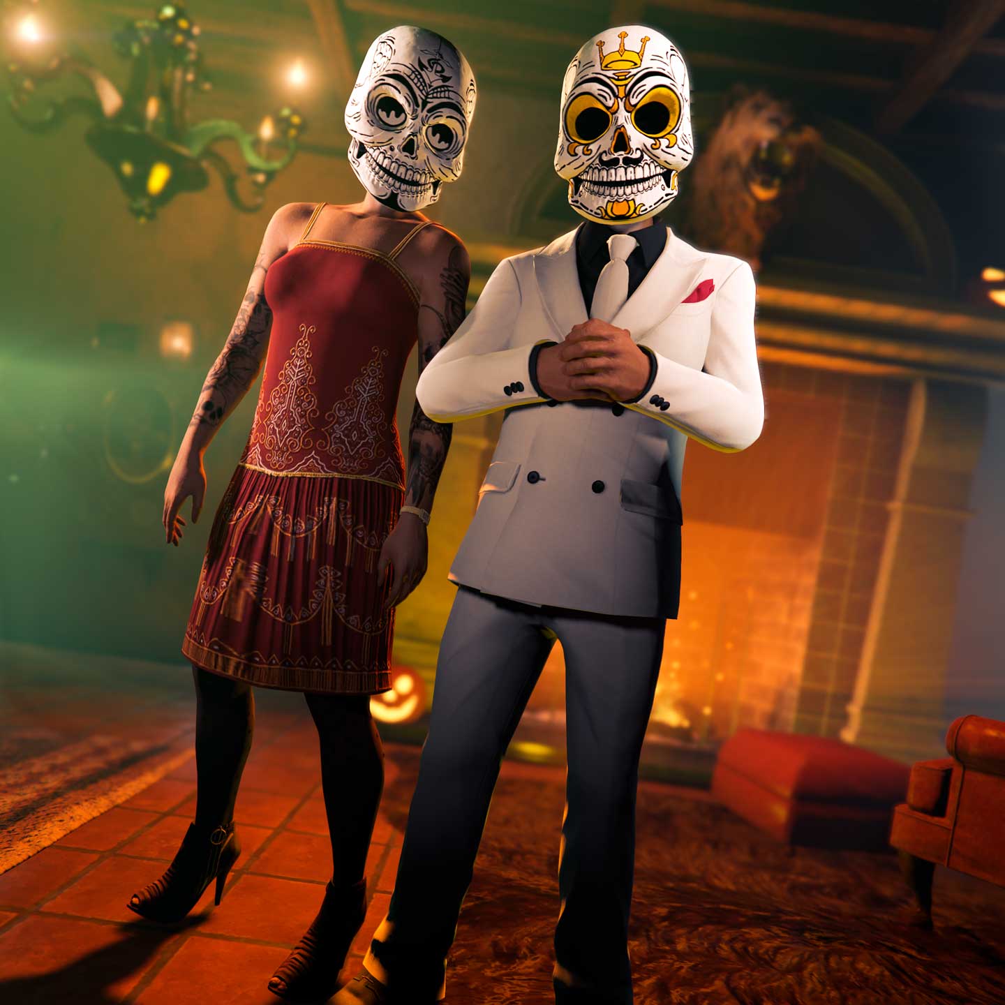 Screenshot of two GTA Online characters wearing Royal & Maritime Calaca Masks.
