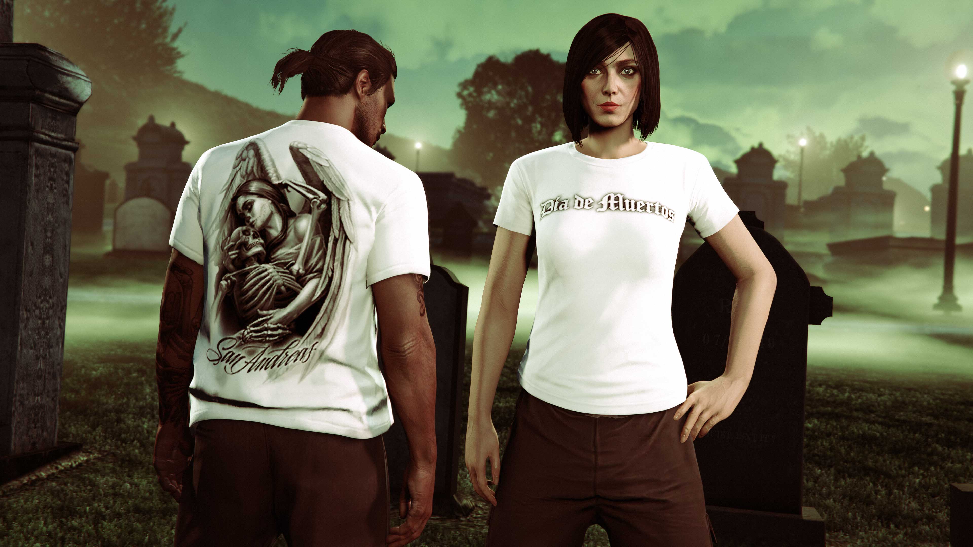 Día de Muertos Tee Screenshot of two GTA Online characters wearing Día de Muertos Tee.