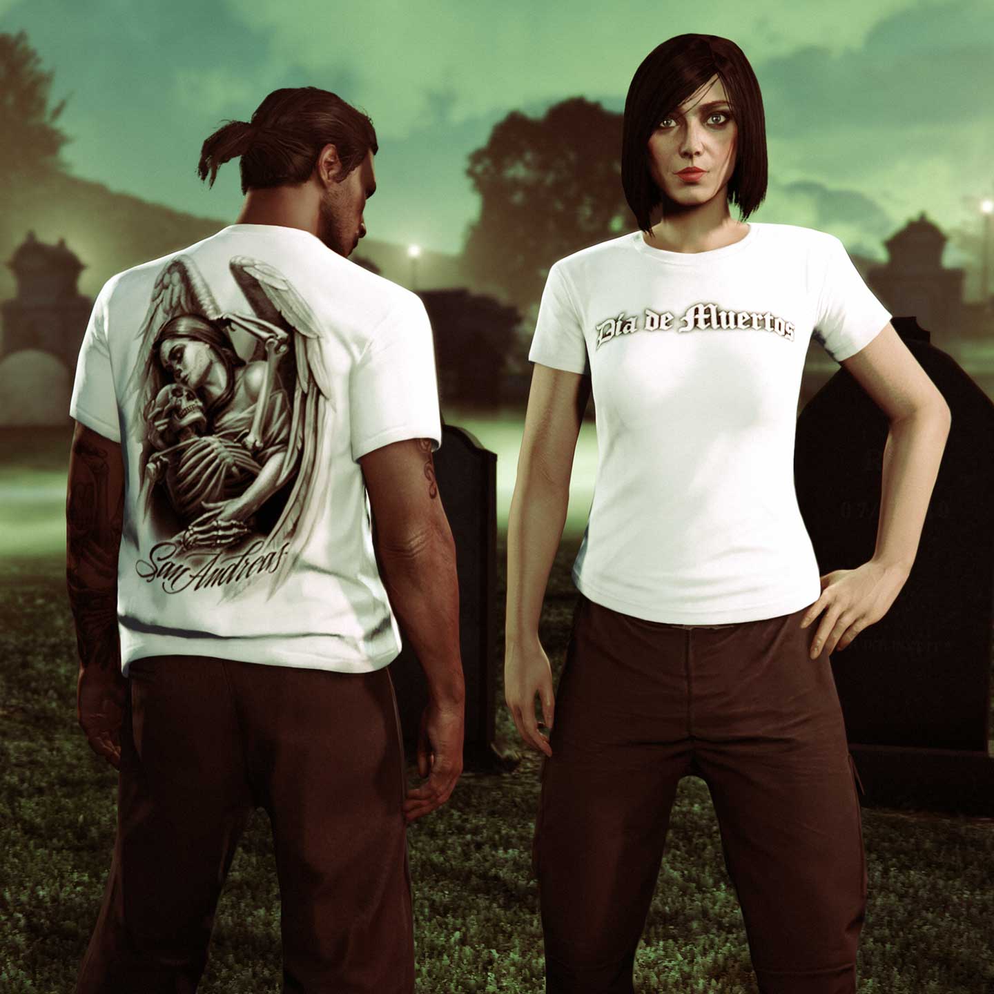 Día de Muertos Tee Screenshot of two GTA Online characters wearing Día de Muertos Tee.