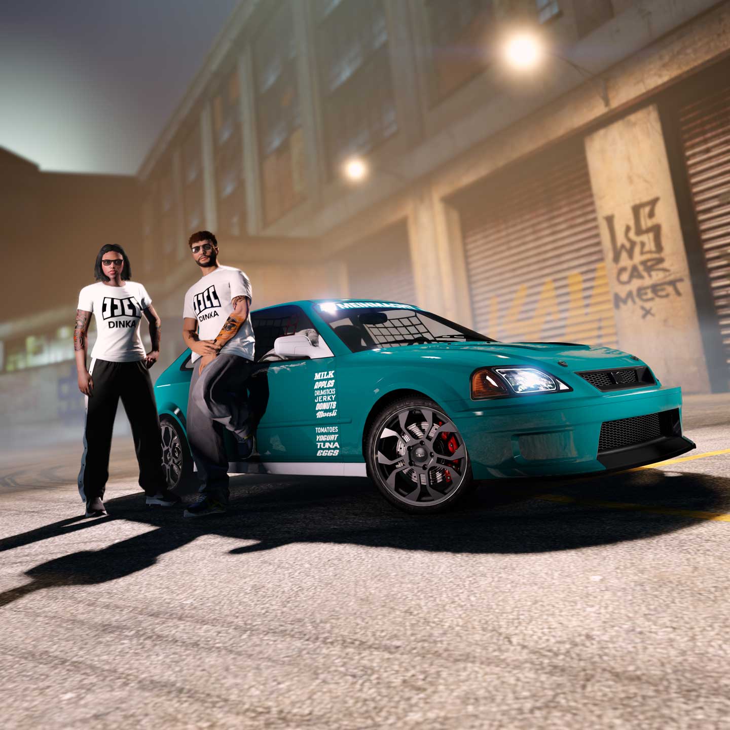 Screenshot of two GTA Online characters wearing a Dinka Tee.