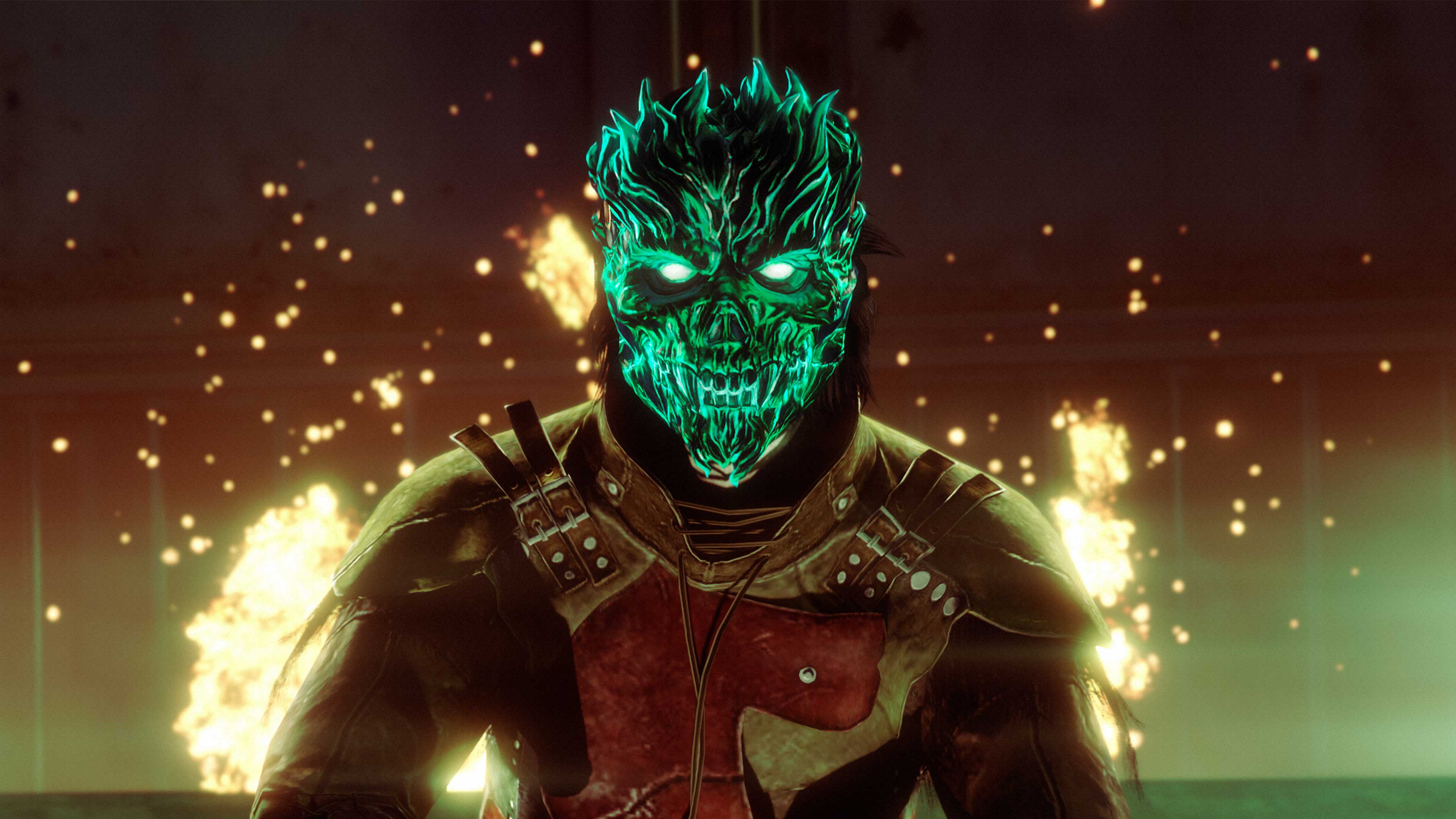 Screenshot of a GTA Online character wearing Green Flaming Skull Mask.