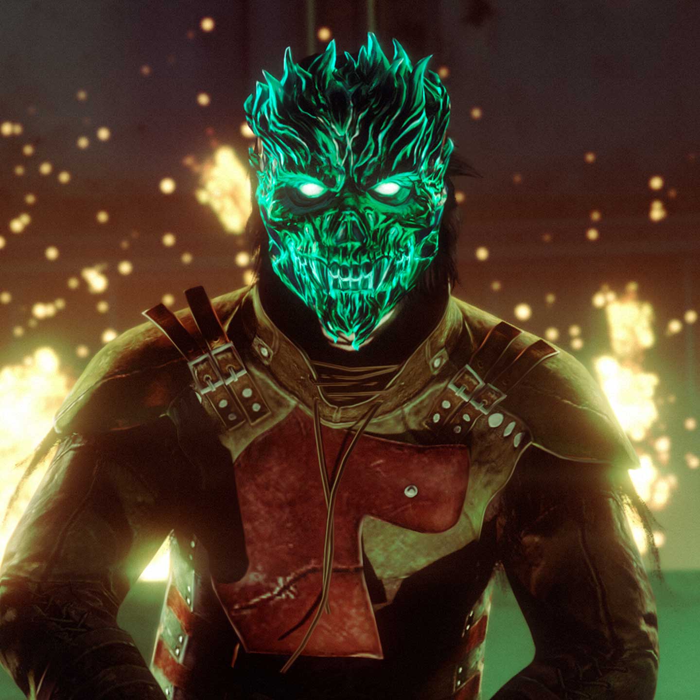 Screenshot of a GTA Online character wearing Green Flaming Skull Mask.