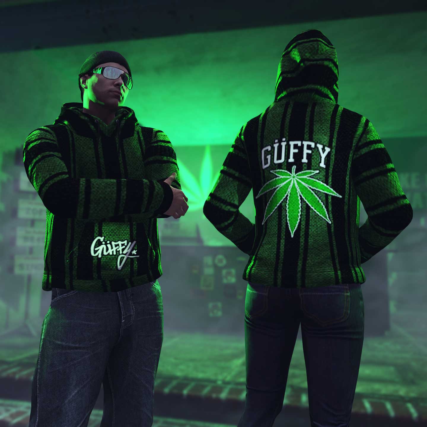 Güffy Drug Rug Hoodie Screenshot of two GTA Online characters wearing Güffy Drug Rug Hoodies.