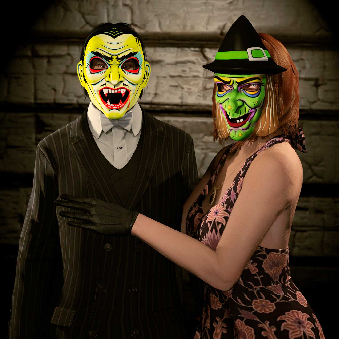 Screenshot of two GTA Online characters wearing Halloween Masks.