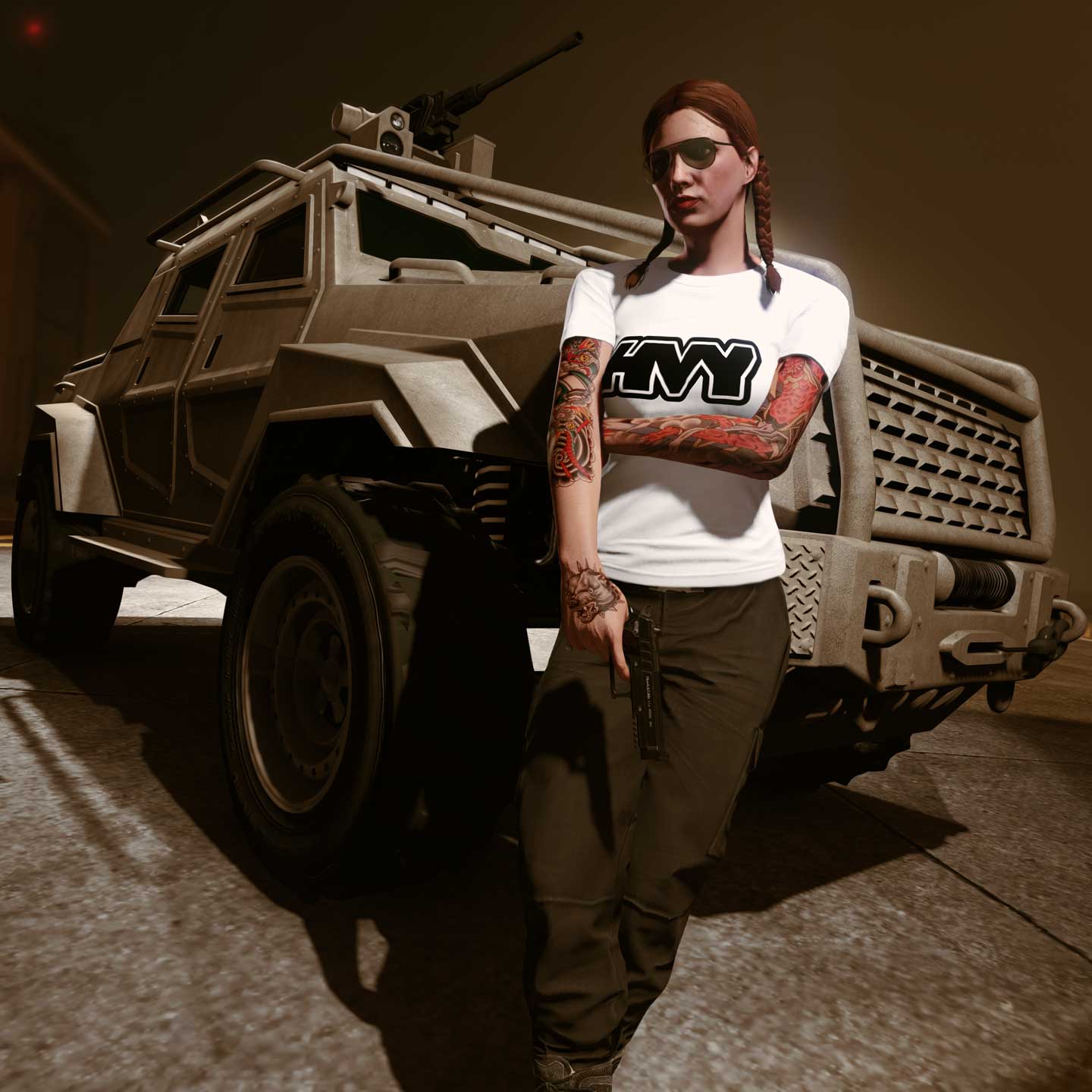 Screenshot of a GTA Online character wearing HVY Tee.