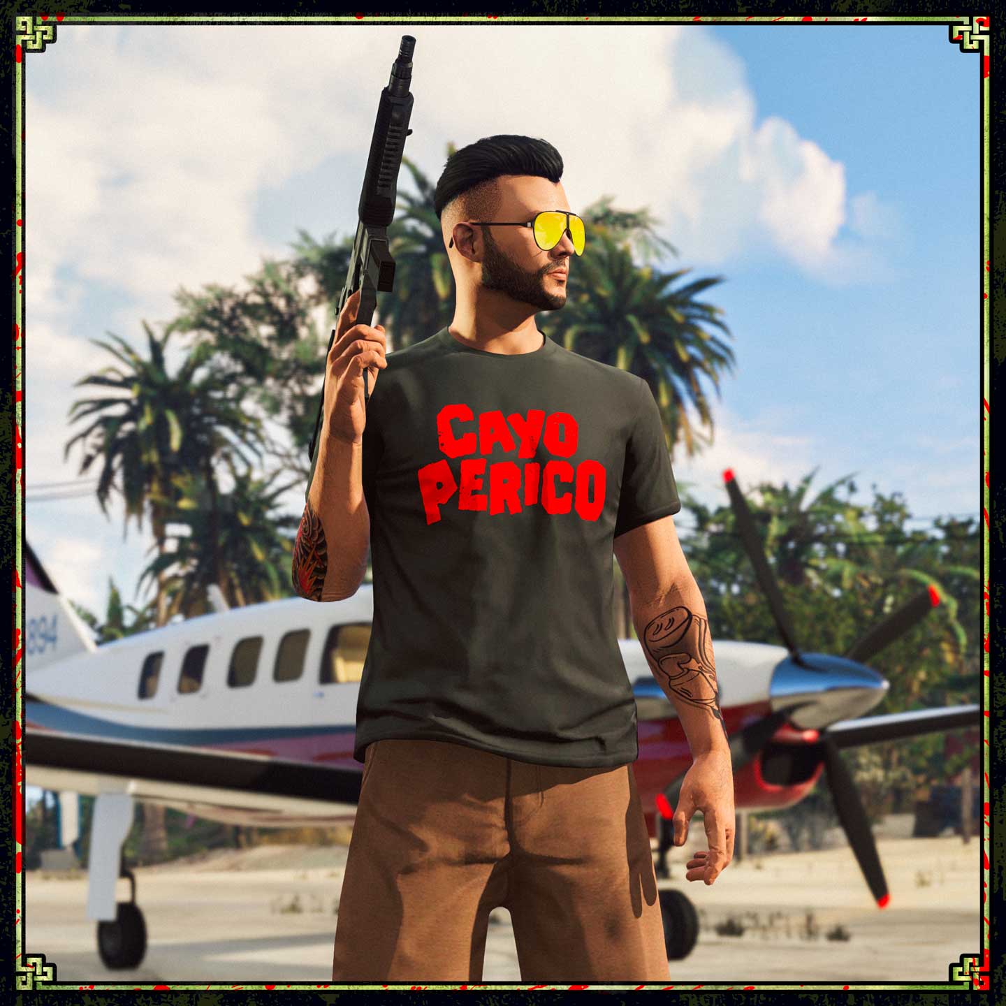 Screenshot of a GTA Online character wearing I Survived Cayo Perico Tee.