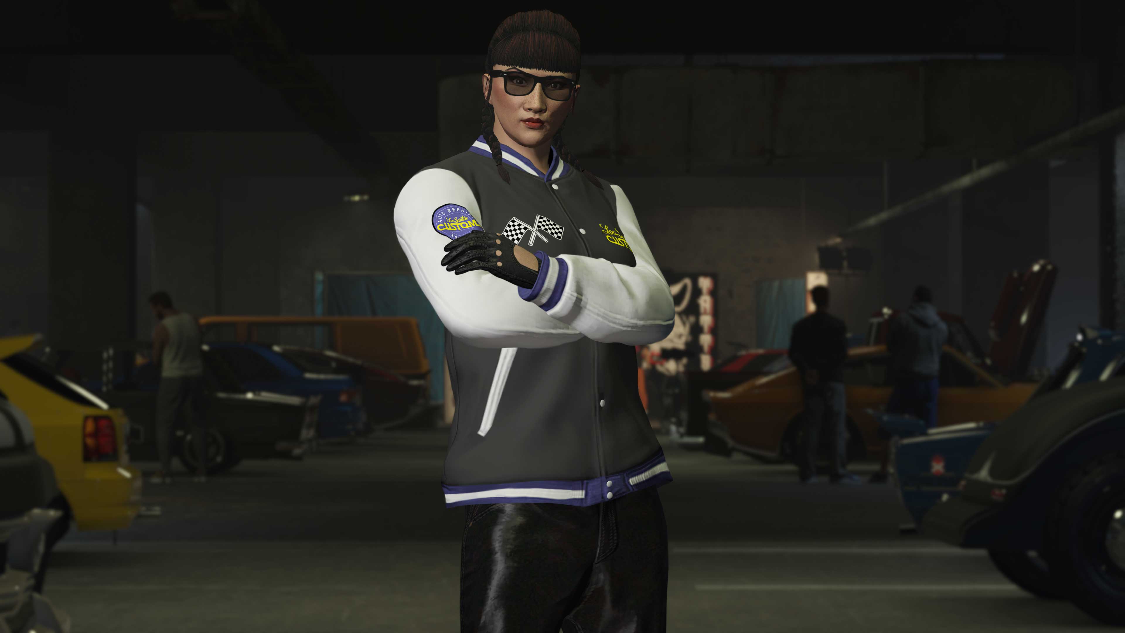 Screenshot of a GTA Online character wearing the LS Customs Varsity Jacket.