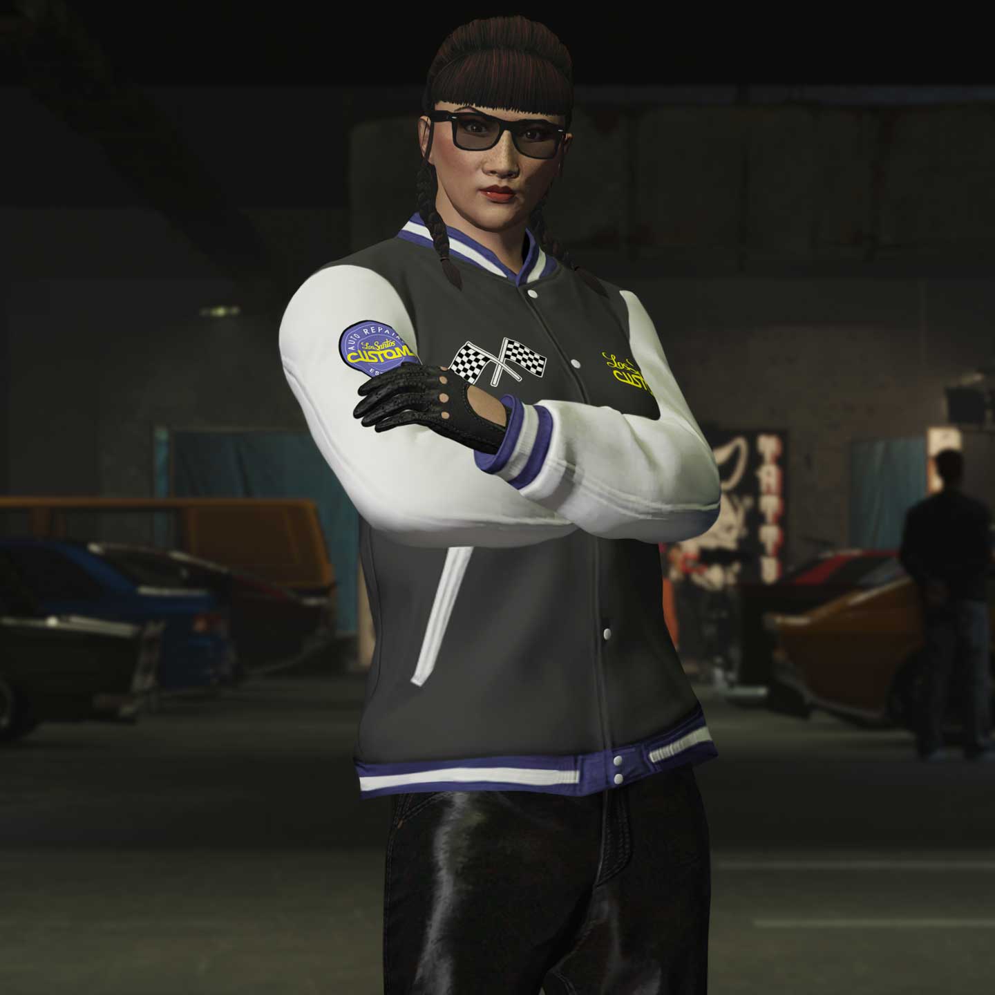 Screenshot of a GTA Online character wearing the LS Customs Varsity Jacket.