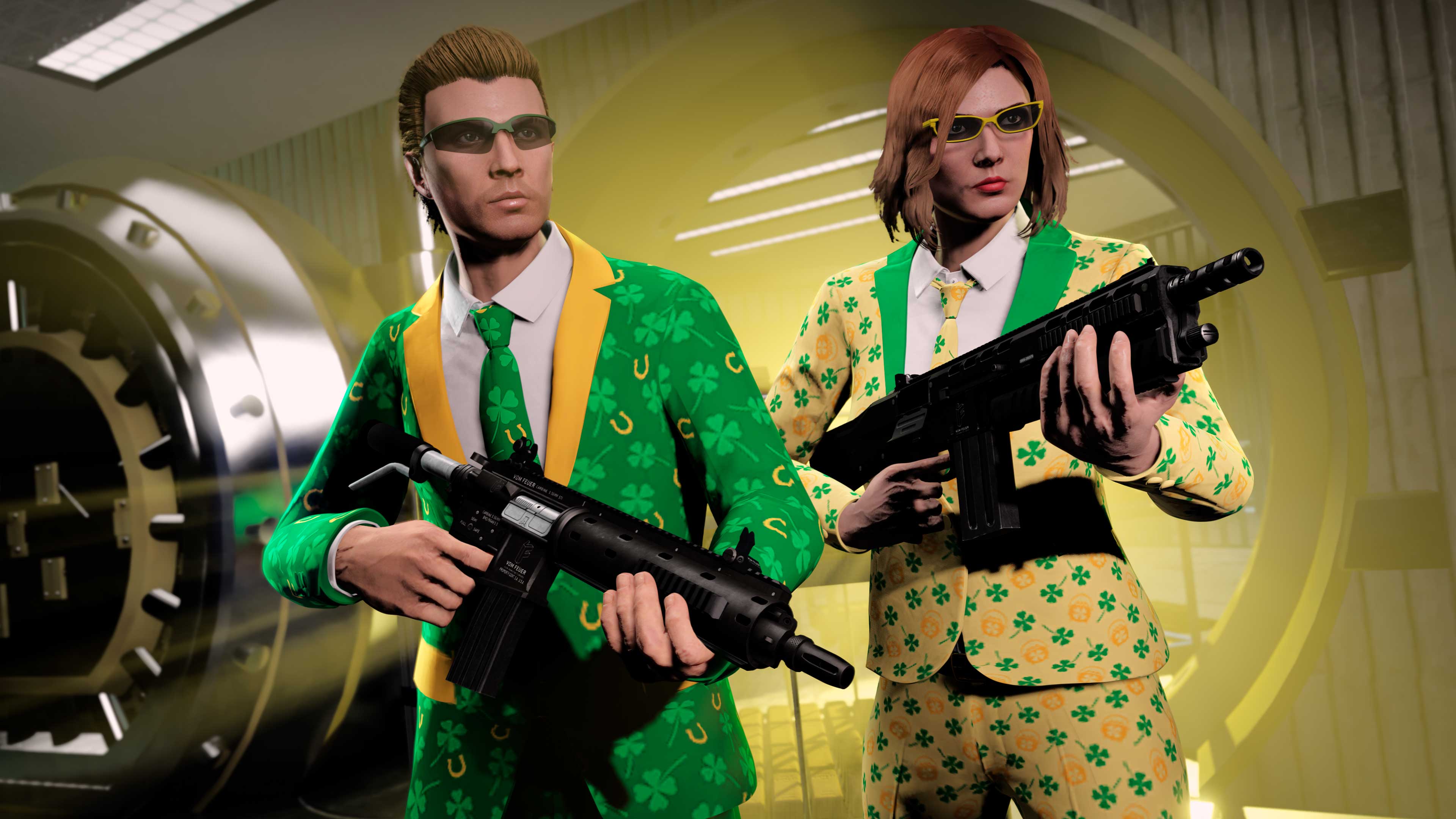 Screenshot of two GTA Online characters wearing Lucky Clover and Golden Clover Outfits.