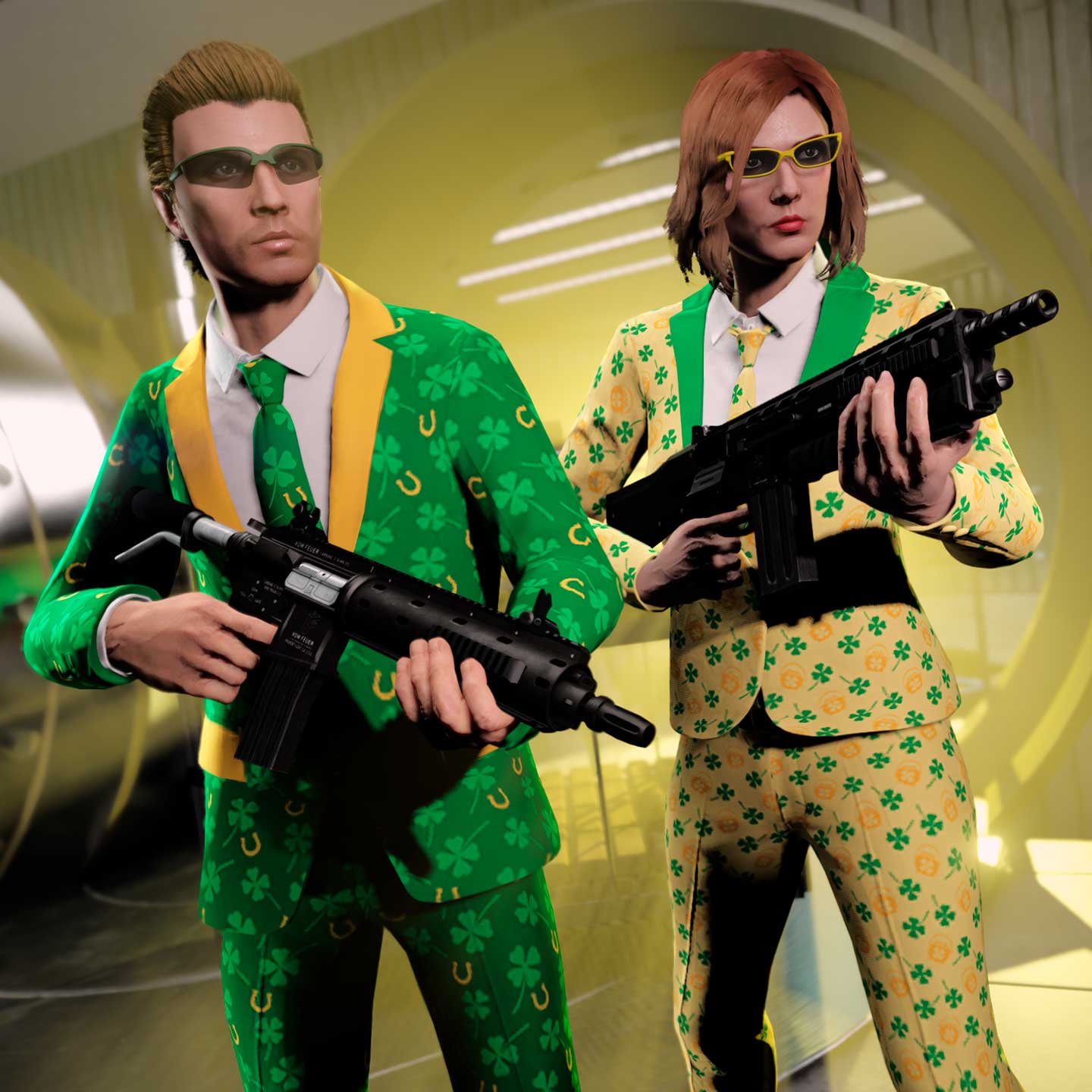 Screenshot of two GTA Online characters wearing Lucky Clover and Golden Clover Outfits.