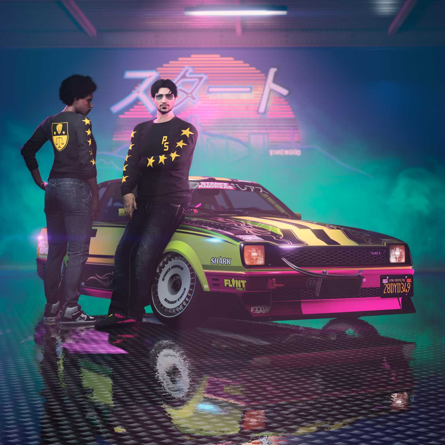 Screenshot of two GTA Online characters wearing Pacific Standard Sweater.