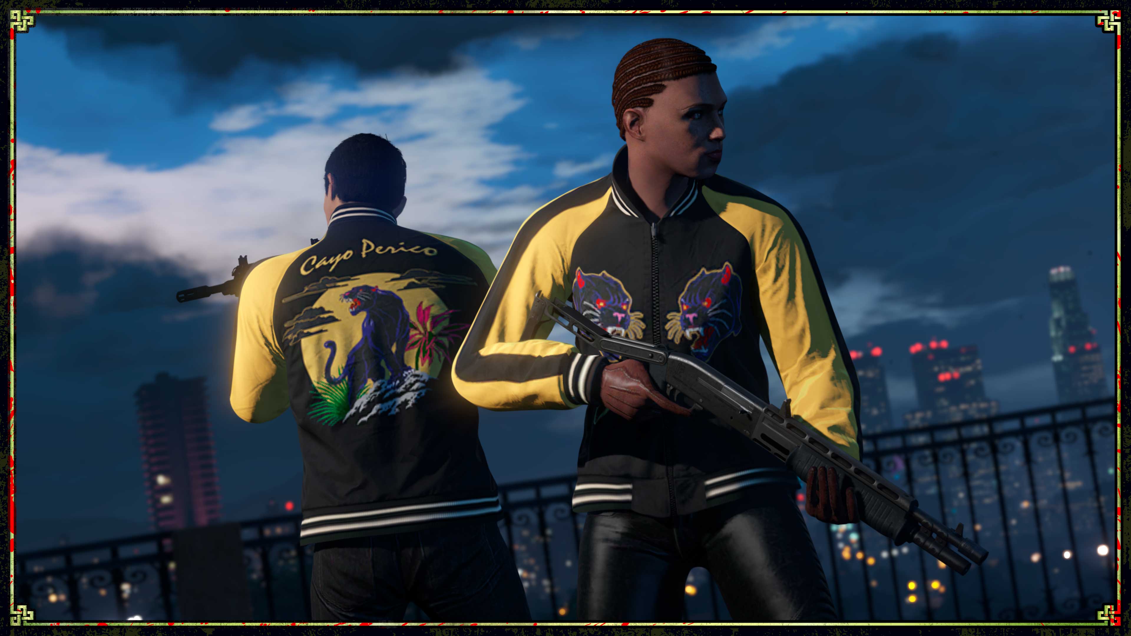 Screenshot of two GTA Online characters wearing Panther Tour Jacket.