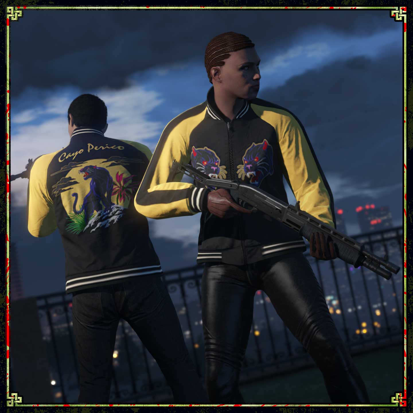 Screenshot of two GTA Online characters wearing Panther Tour Jacket.