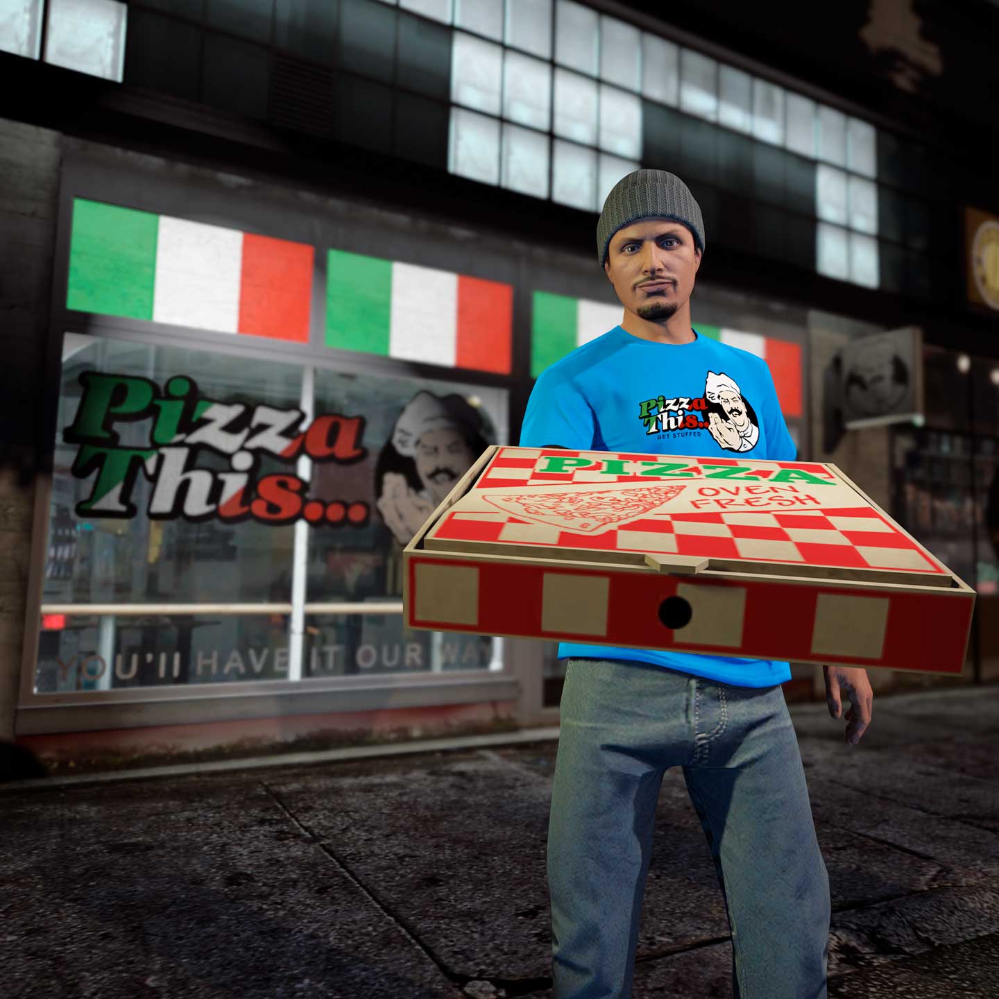 Pizza This… Tee Screenshot of a GTA Online character wearing a Pizza This... Tee.