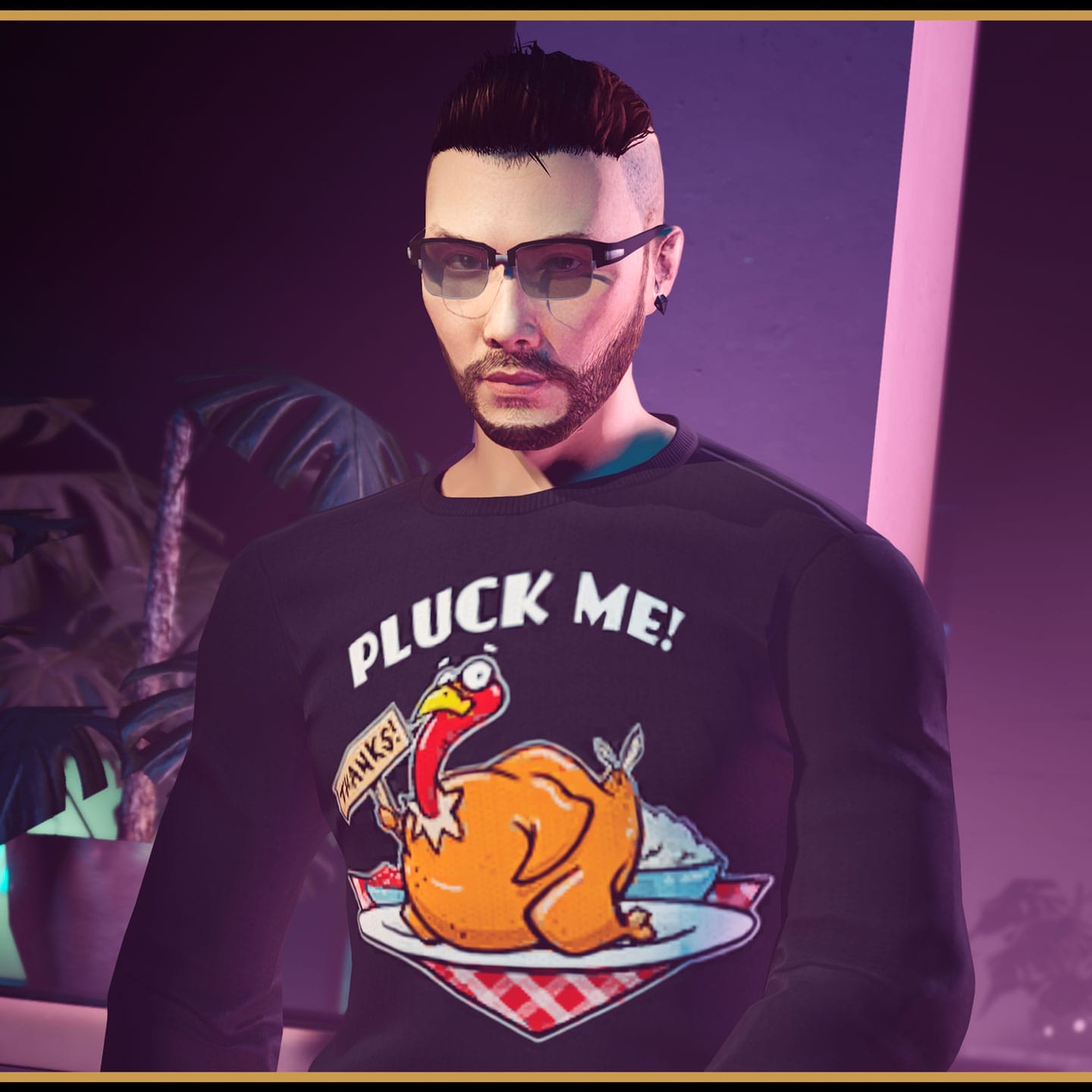 Screenshot of a GTA Online character wearing Pluck Me Sweater.
