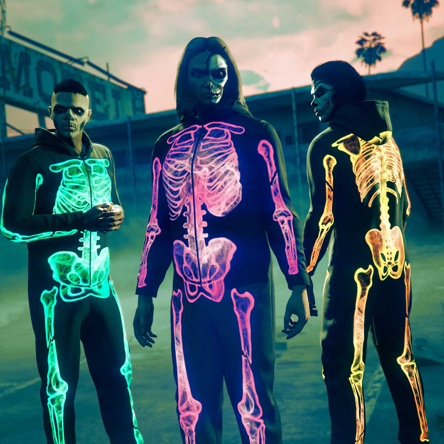 Screenshot of three GTA Online characters wearing Purple, Green and Yellow Glow Skeleton Onesies.